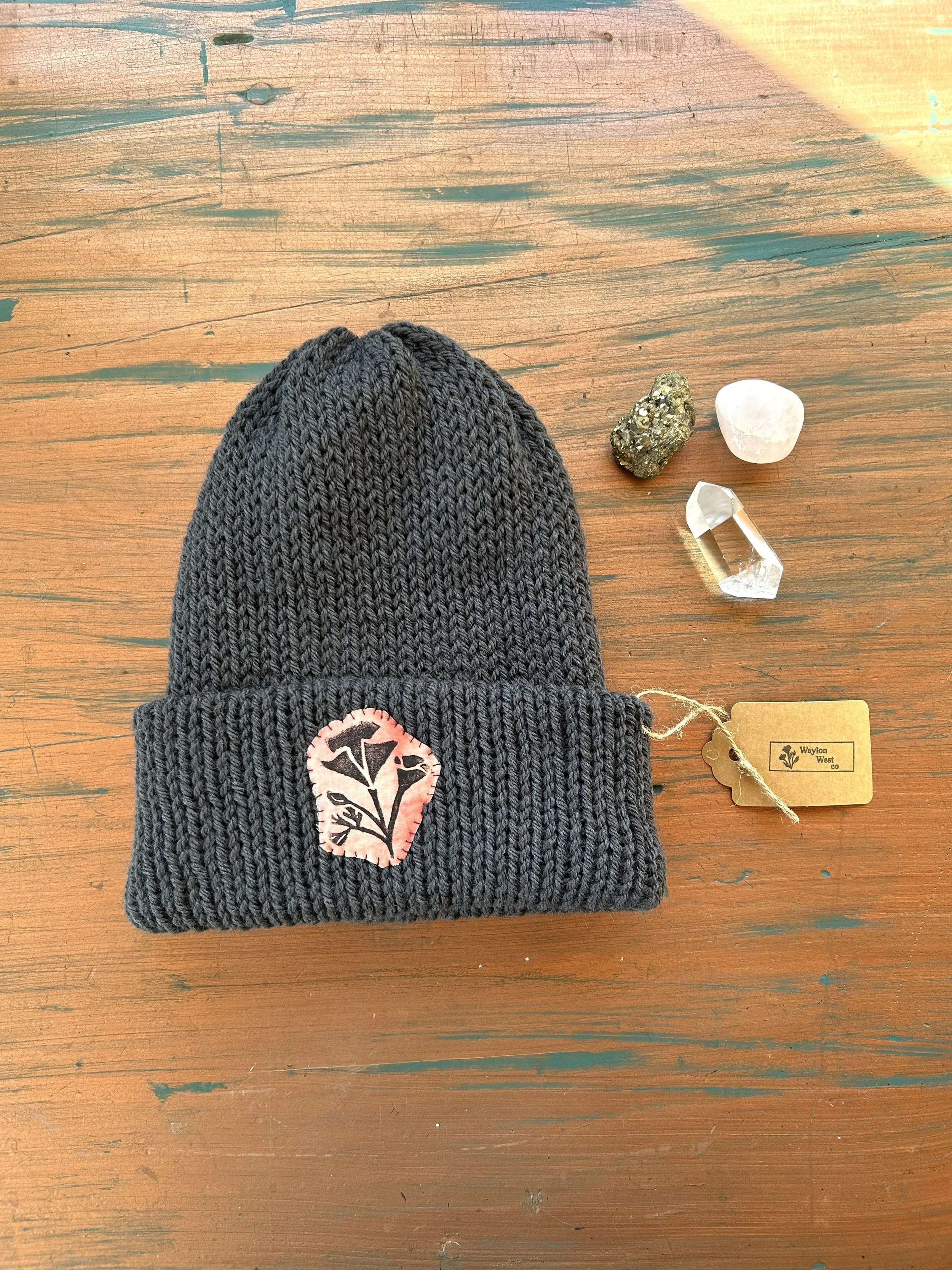 Charcoal Beanie with Poppy Patch