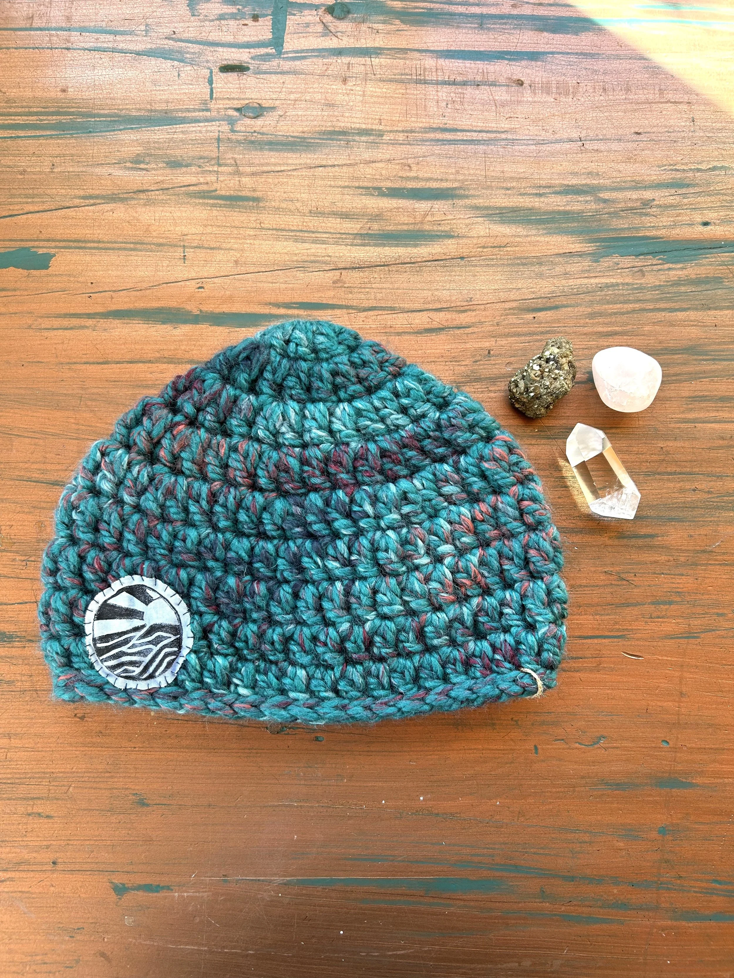 Sea Glass Crochet Beanie with Wave Patch