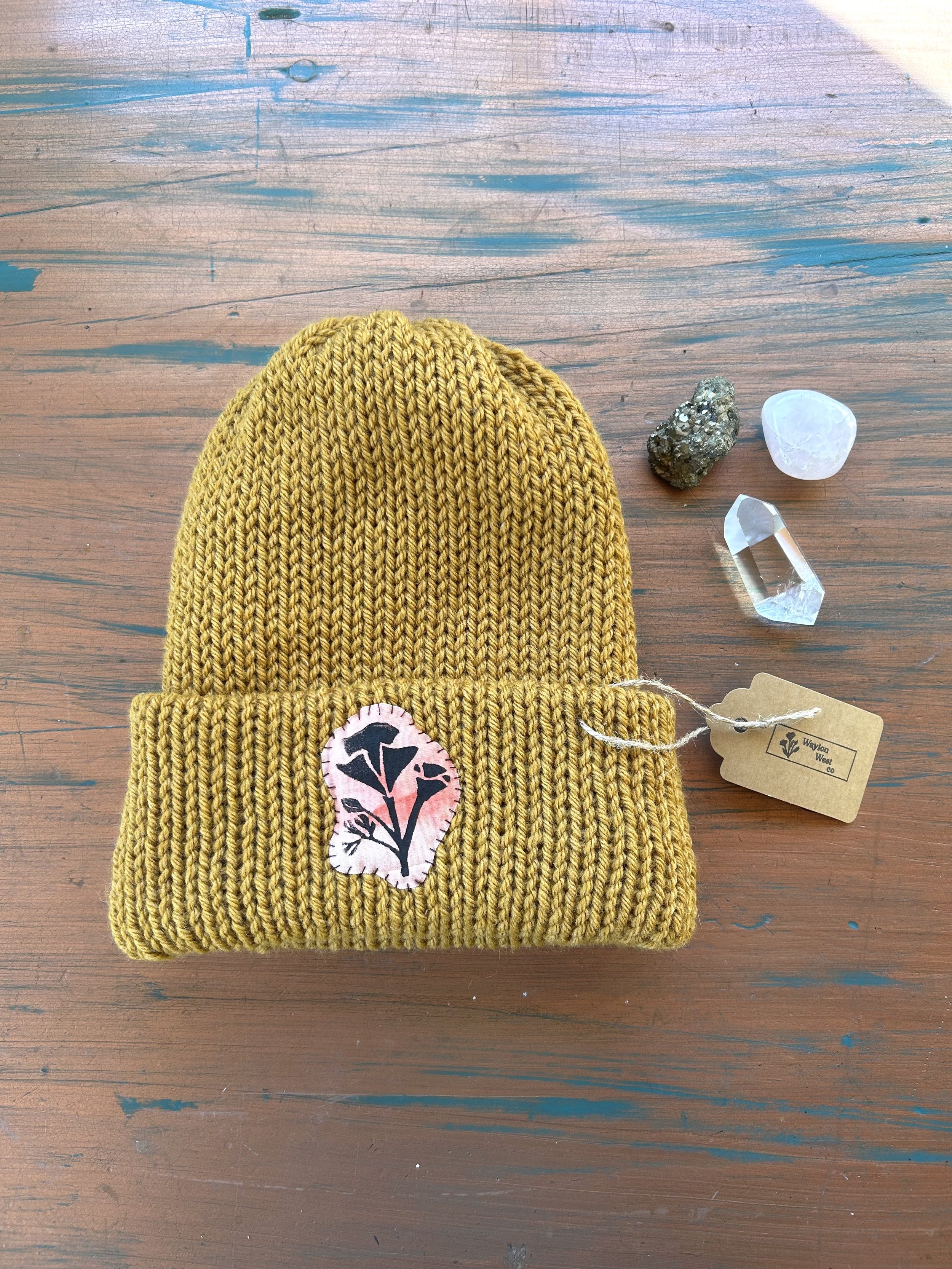 Mustard Beanie with Poppy Patch