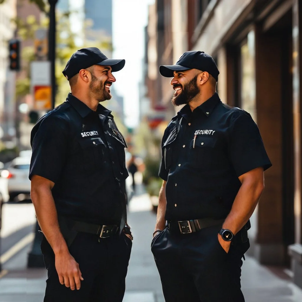 Two security guards in uniform smiling at each other on a city street.