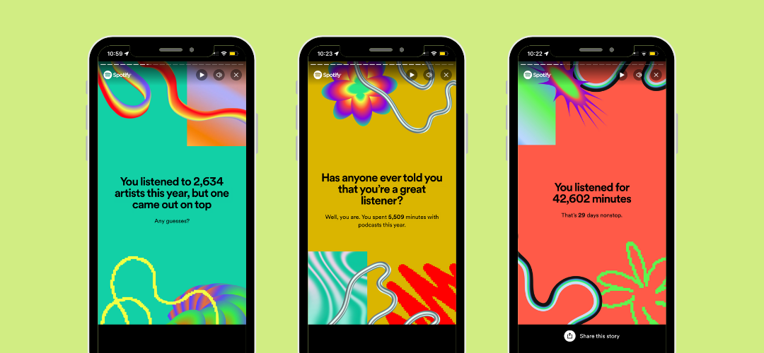 3 phones showing spotify wrapped 2023 stories