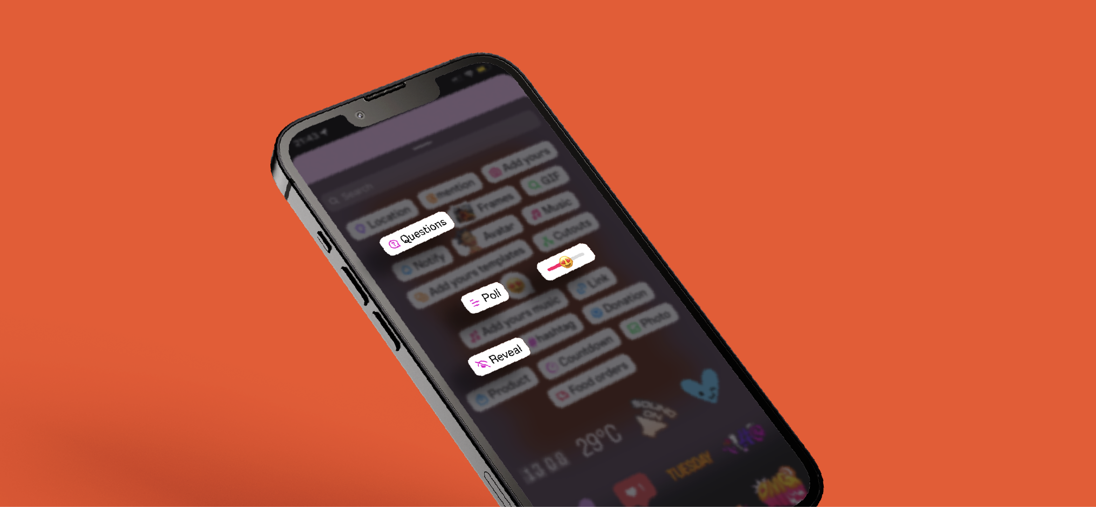 phone with instagram story stickers highlighting poll questions reveal stickers