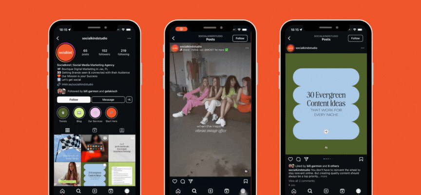 3 phones with reels and profile of socialkind studio social media account 9 social media account everyone should follow
