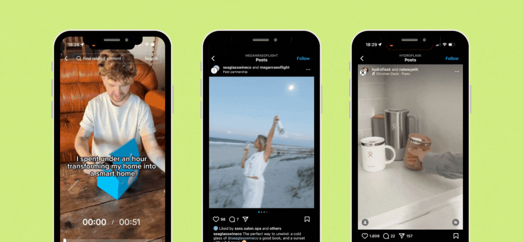 phones with tiktok and instagram apps on green background showing three different ways on how to disclose paid partnerships and ads on social media social media mistakes businesses make and how to avoid them