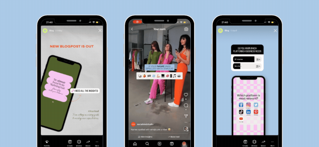 social media presence of socialkind studio blog teaser story interactive emoji reel instagram sticker poll