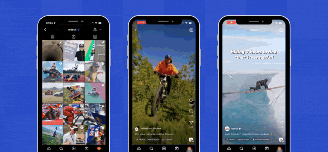 3 phones with reels and profile of redbull social media account