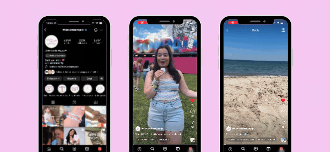 3 phones with reels and profile of jewelry brand little words project social media account