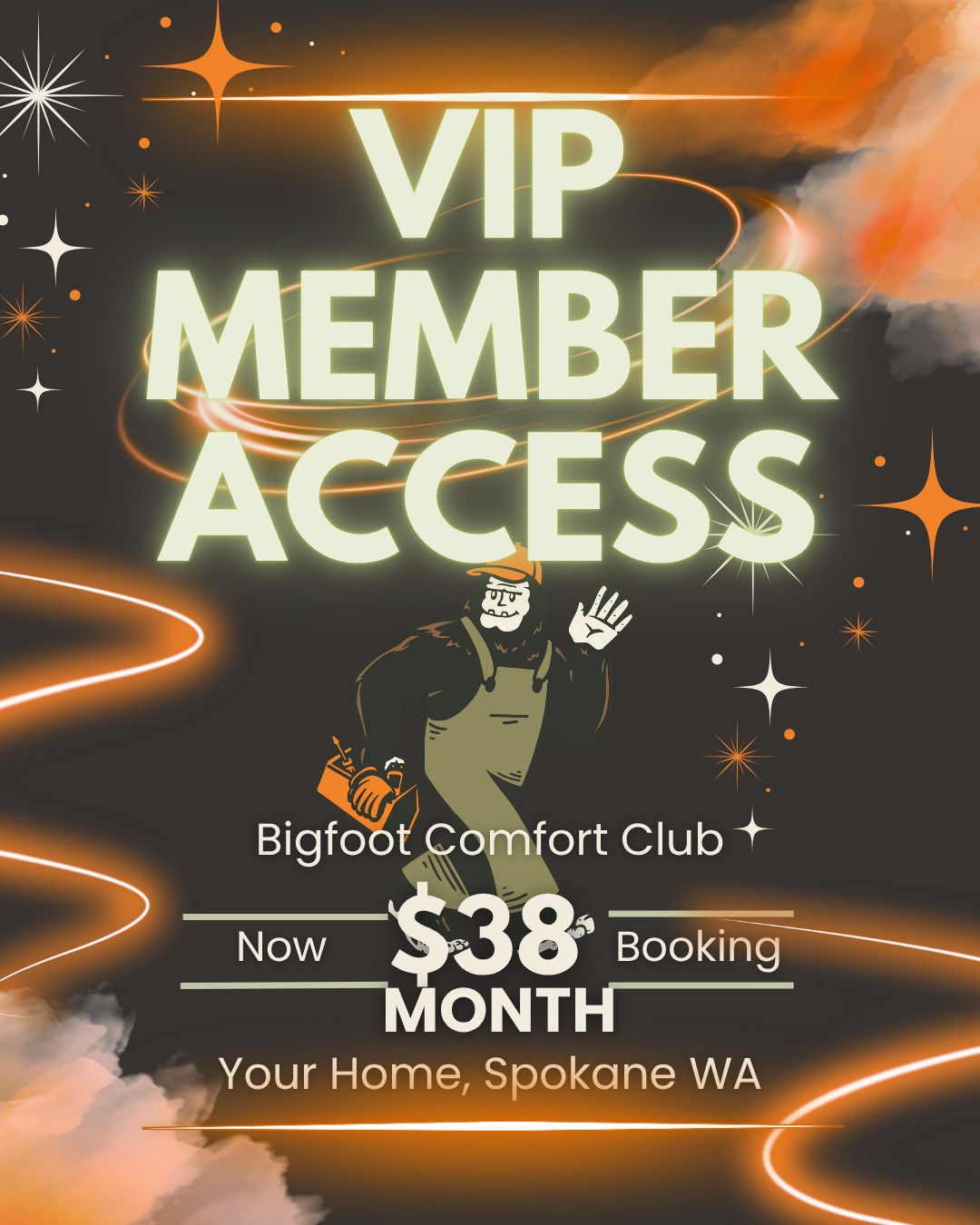 Neon-style advertisement with sparkling stars and swirling lines promoting VIP member access for Bigfoot Comfort Club at $38 per month, located in Spokane, Washington, featuring a cartoon Bigfoot holding a lantern and waving.