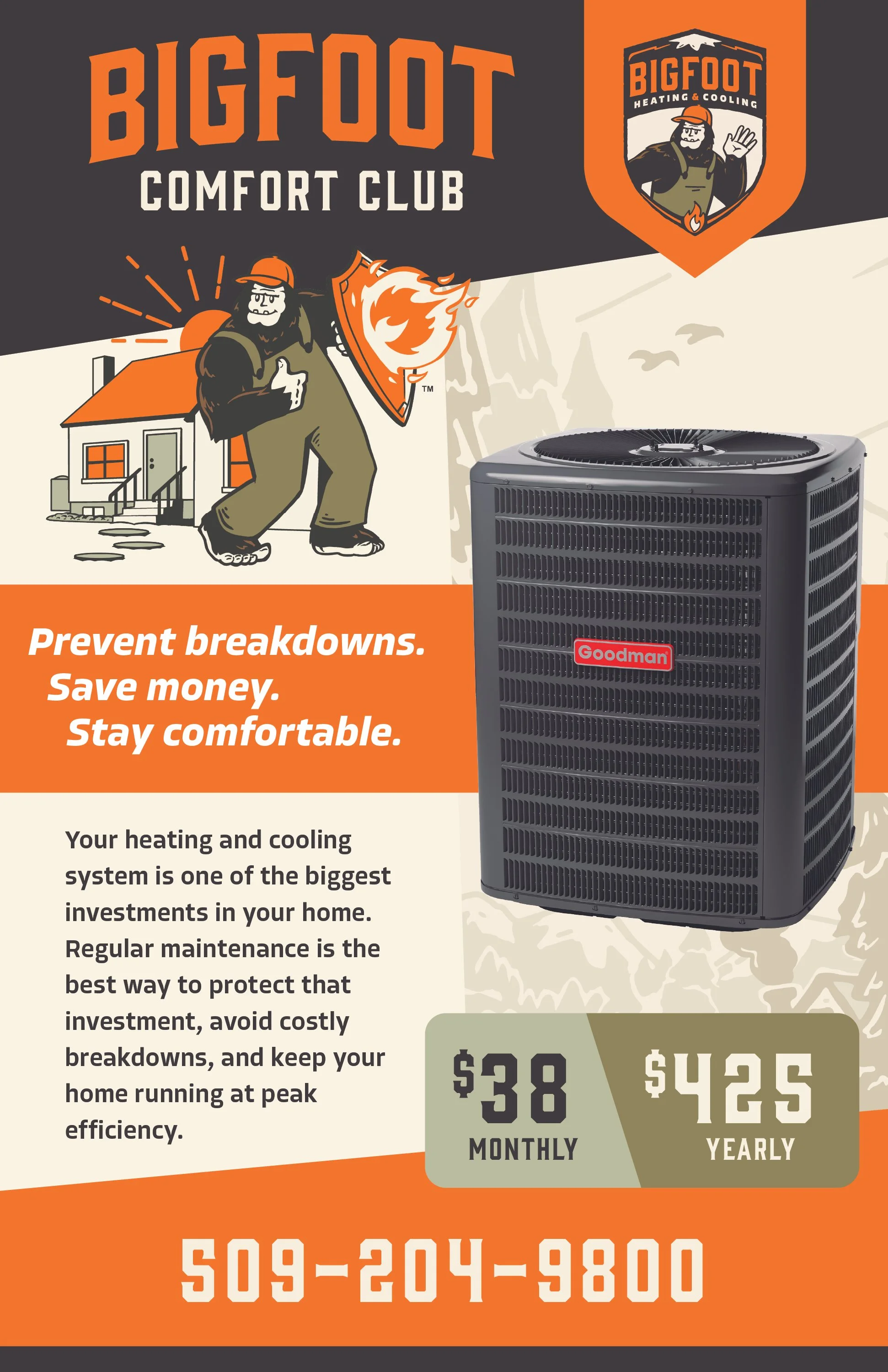 Advertisement for Bigfoot Heating & Cooling promoting HVAC maintenance with an illustration of a bearded man in work overalls and hard hat, holding a fire shield, in front of a house with the sun setting behind it. Text emphasizes preventing break downs, saving money, and staying comfortable, with pricing options of $38 monthly or $425 yearly, and a contact phone number.