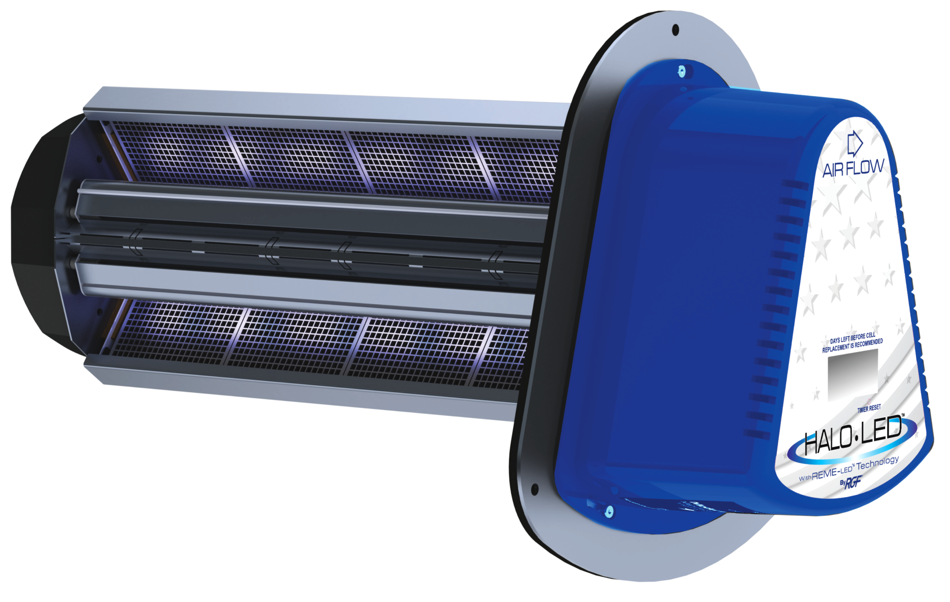 A UV sanitation device with a blue and gray exterior, equipped with UV LED lights inside for disinfecting surfaces.
