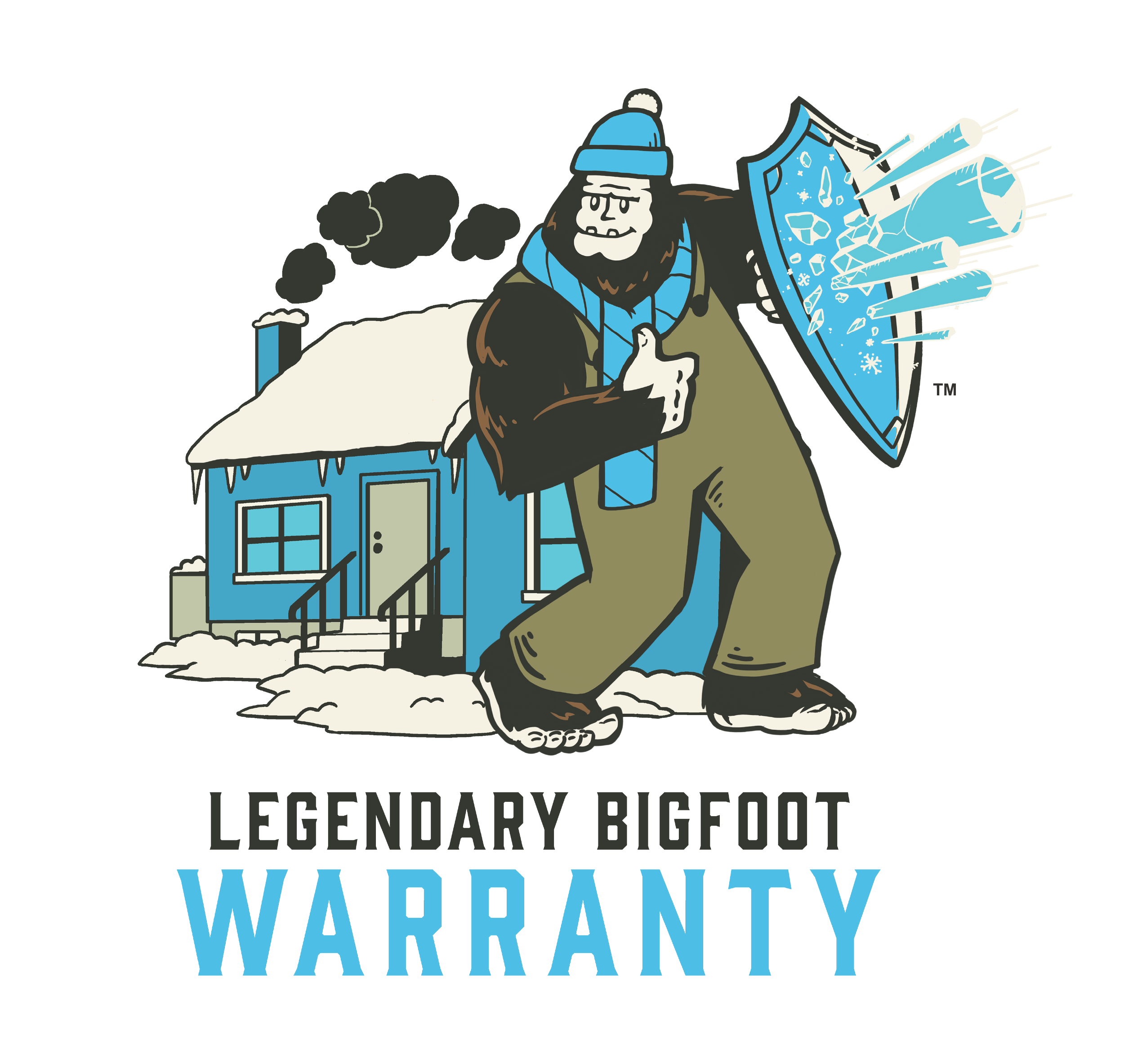A cartoon figure of a bigfoot or sasquatch giving a thumbs up in front of a snow-covered house, with a shield emitting what looks like snowflakes and icy projectiles. Text below reads 'Legendary Bigfoot Warranty'.