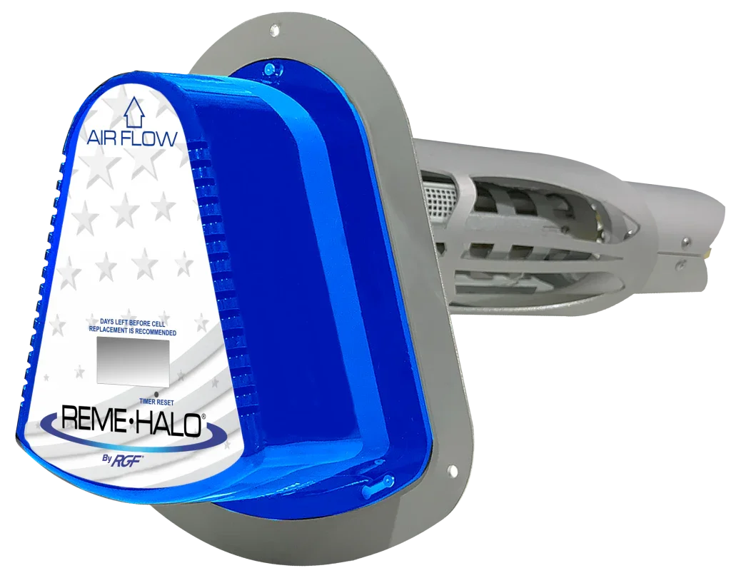 A medical device called REME HALO by RGF mounted in an HVAC system, with blue and white colors and labeled with airflow directions and maintenance instructions.