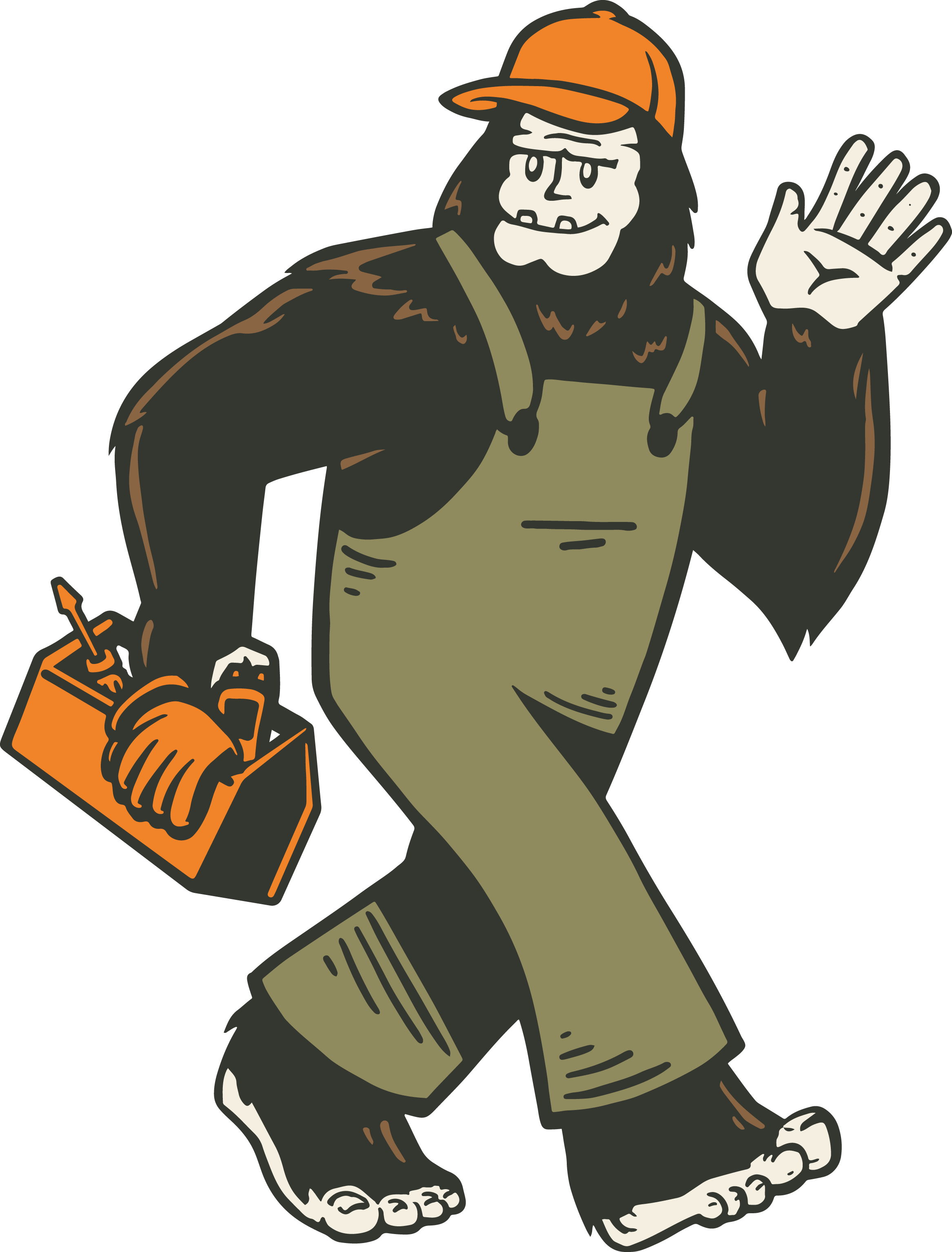Cartoon of Bigfoot with beard and orange cap, wearing overalls, carrying a toolbox, and waving.