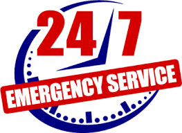 24/7 emergency service clock with bold red and blue text