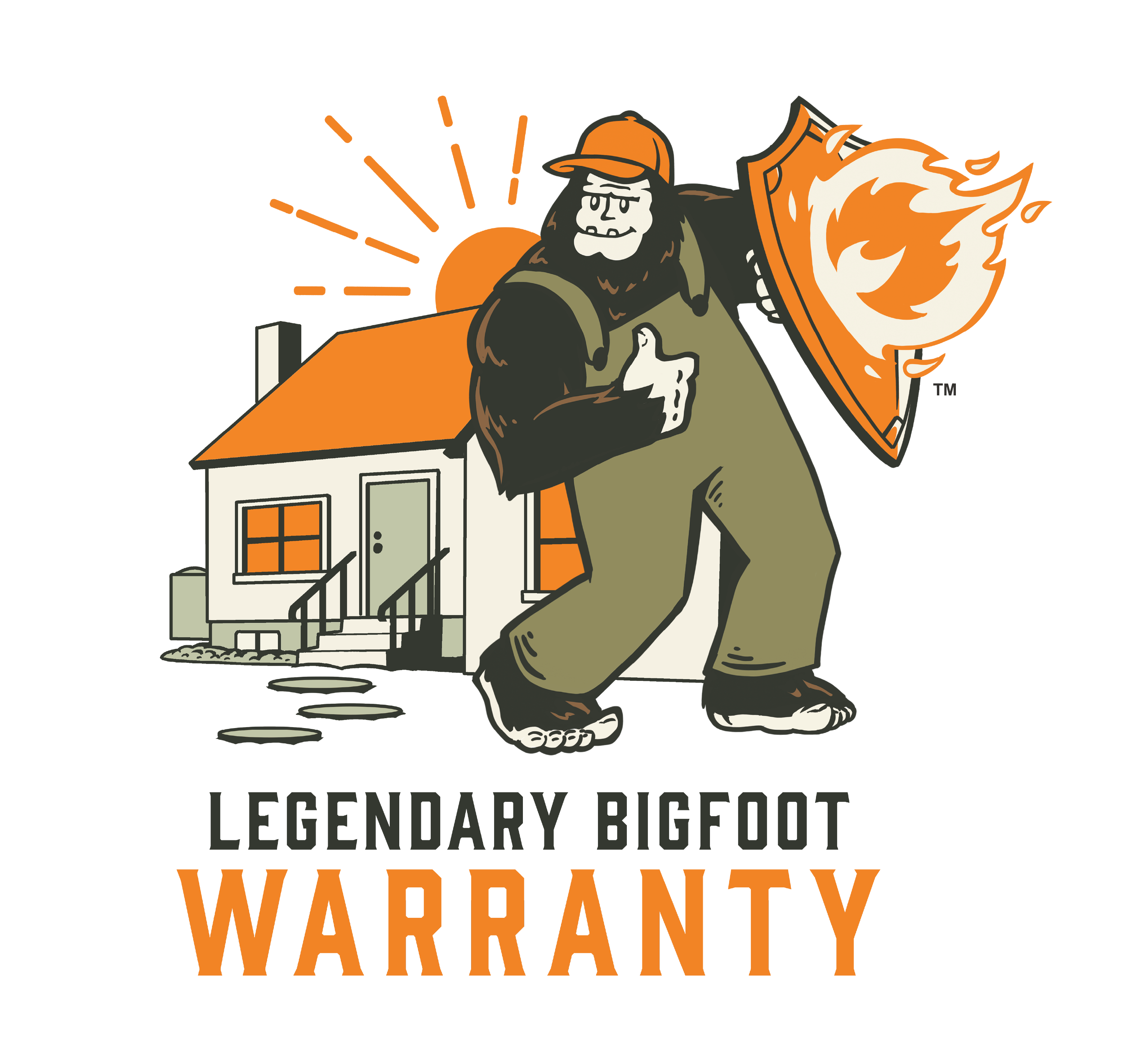 A cartoon bigfoot giving a thumbs-up, holding a flaming shield, standing in front of a house with a red roof and a sun behind it. The text says "Legendary Bigfoot Warranty."