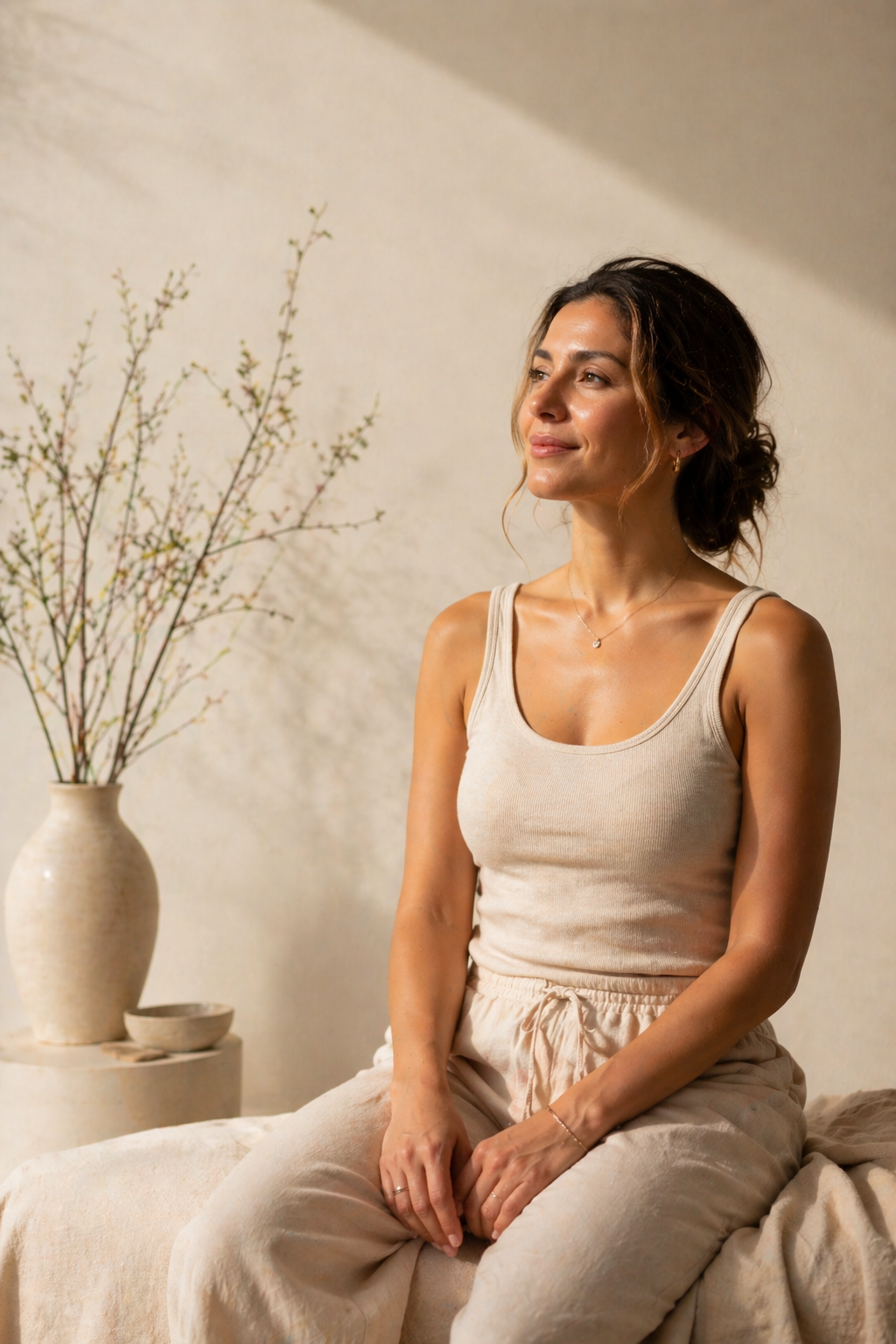 Woman in a quiet moment of nervous system regulation, the experience of finally feeling settled in the body that becomes possible through Somatic Experiencing.