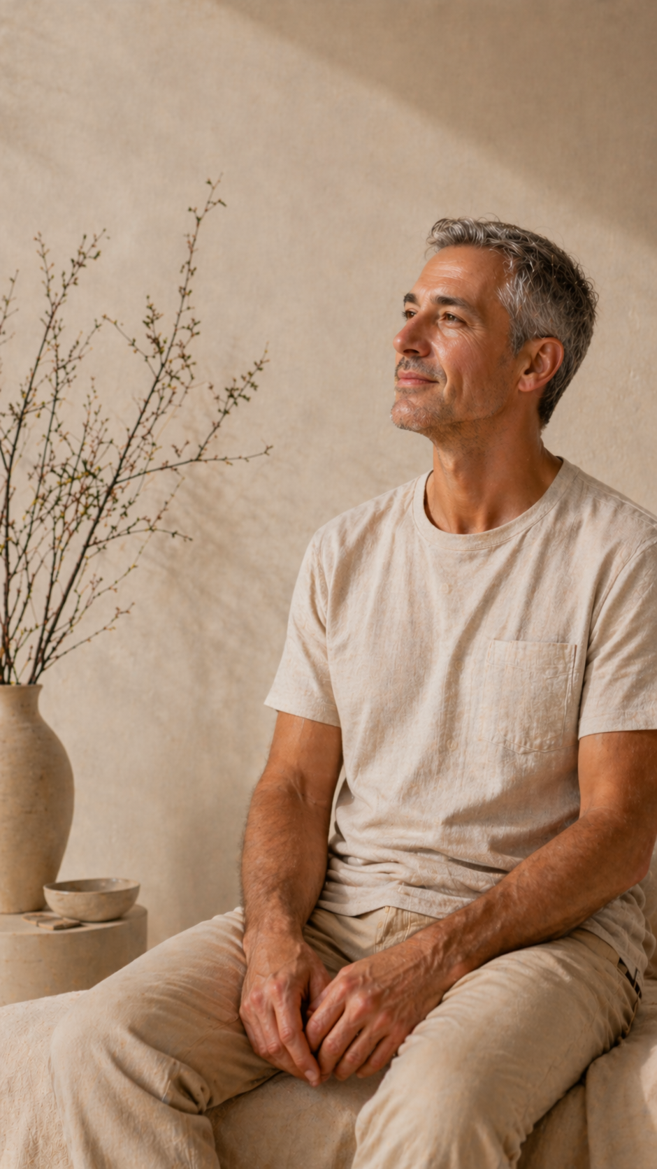 Man seated quietly in soft natural light, representing the experience of nervous system regulation that men also access through Somatic Experiencing trauma healing.