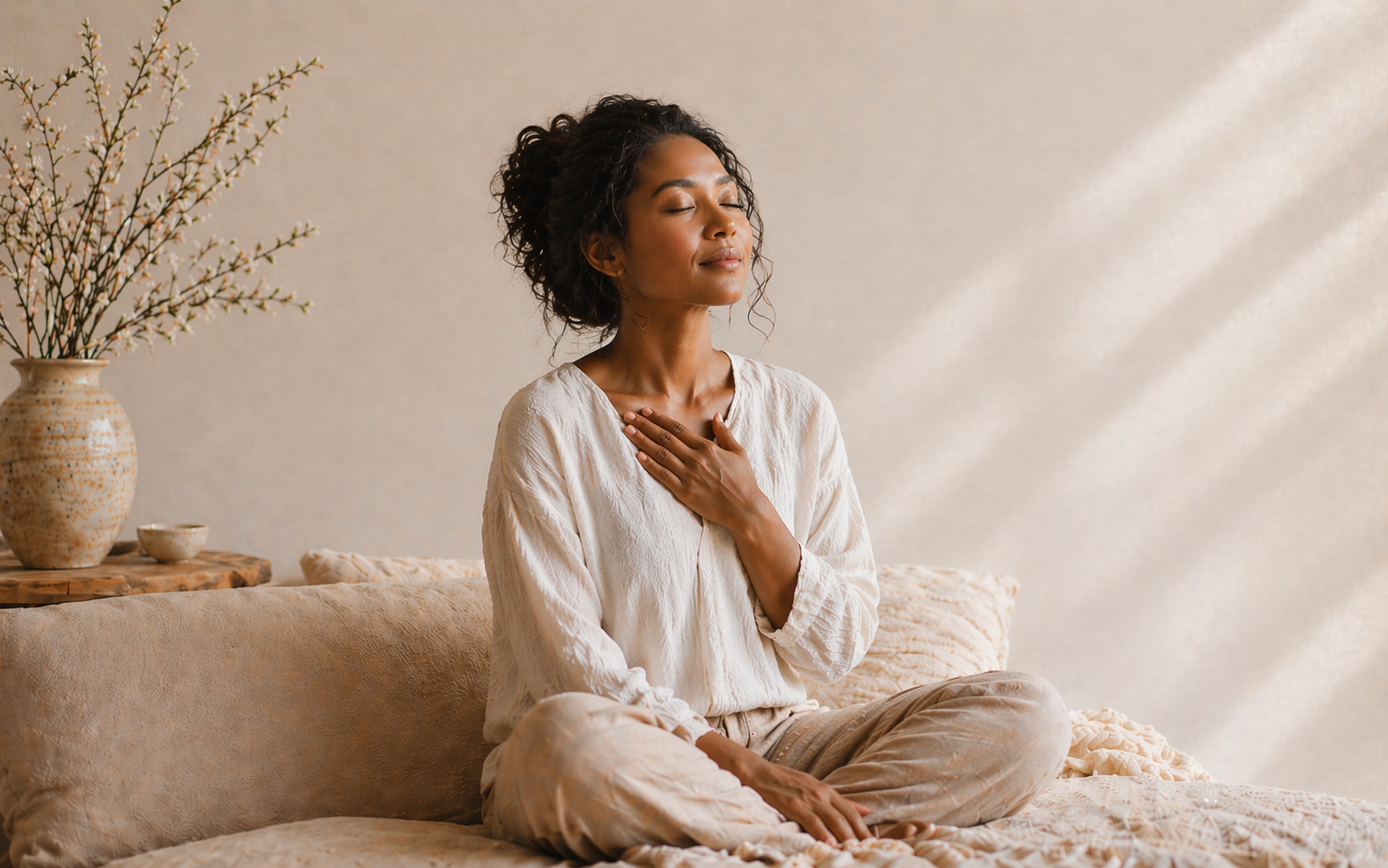 A woman sitting on a bed with her eyes closed, hand on her chest, in a peaceful state, with sunlight streaming in.