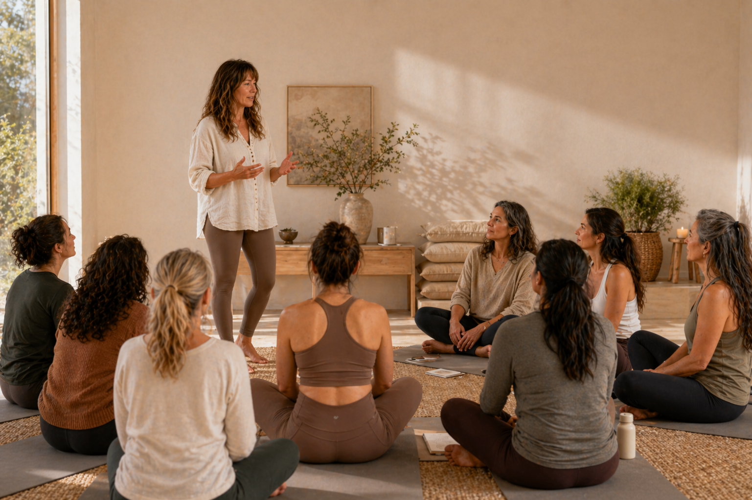 Marta Olson leading a small group somatic and embodiment retreat in Northern Nevada, guiding participants through nervous system regulation practices in a peaceful gathering space.