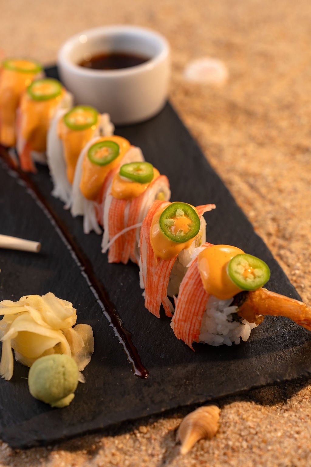 Shaggy Roll with kanikama, spicy sauce and jalapeño at El Muelle Seafood in Houston