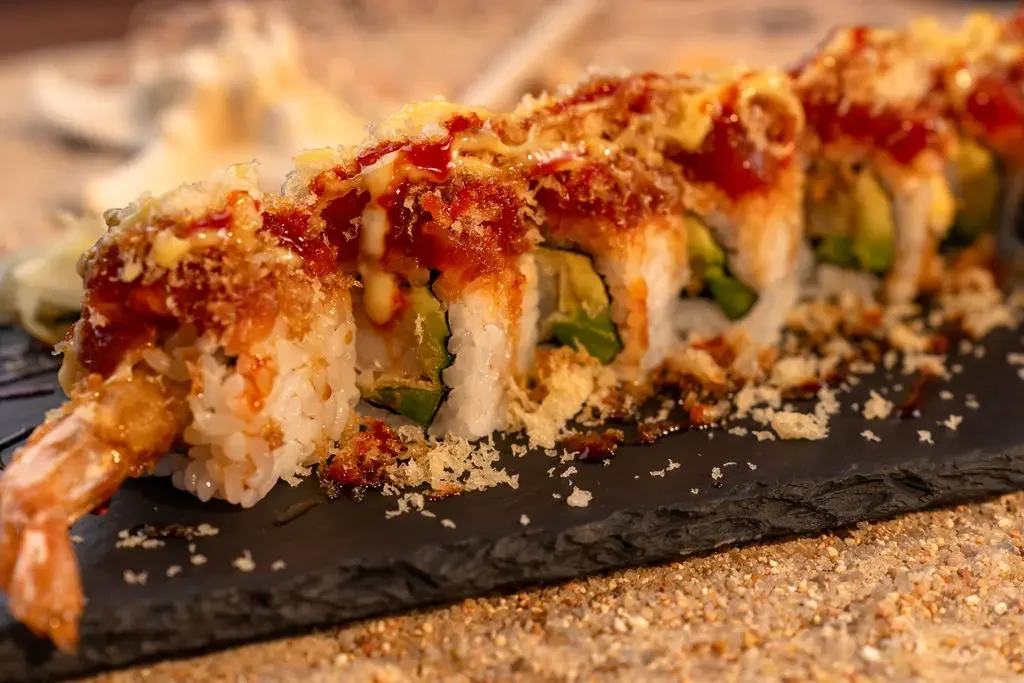 Specialty sushi roll prepared fresh at El Muelle Seafood in Houston.