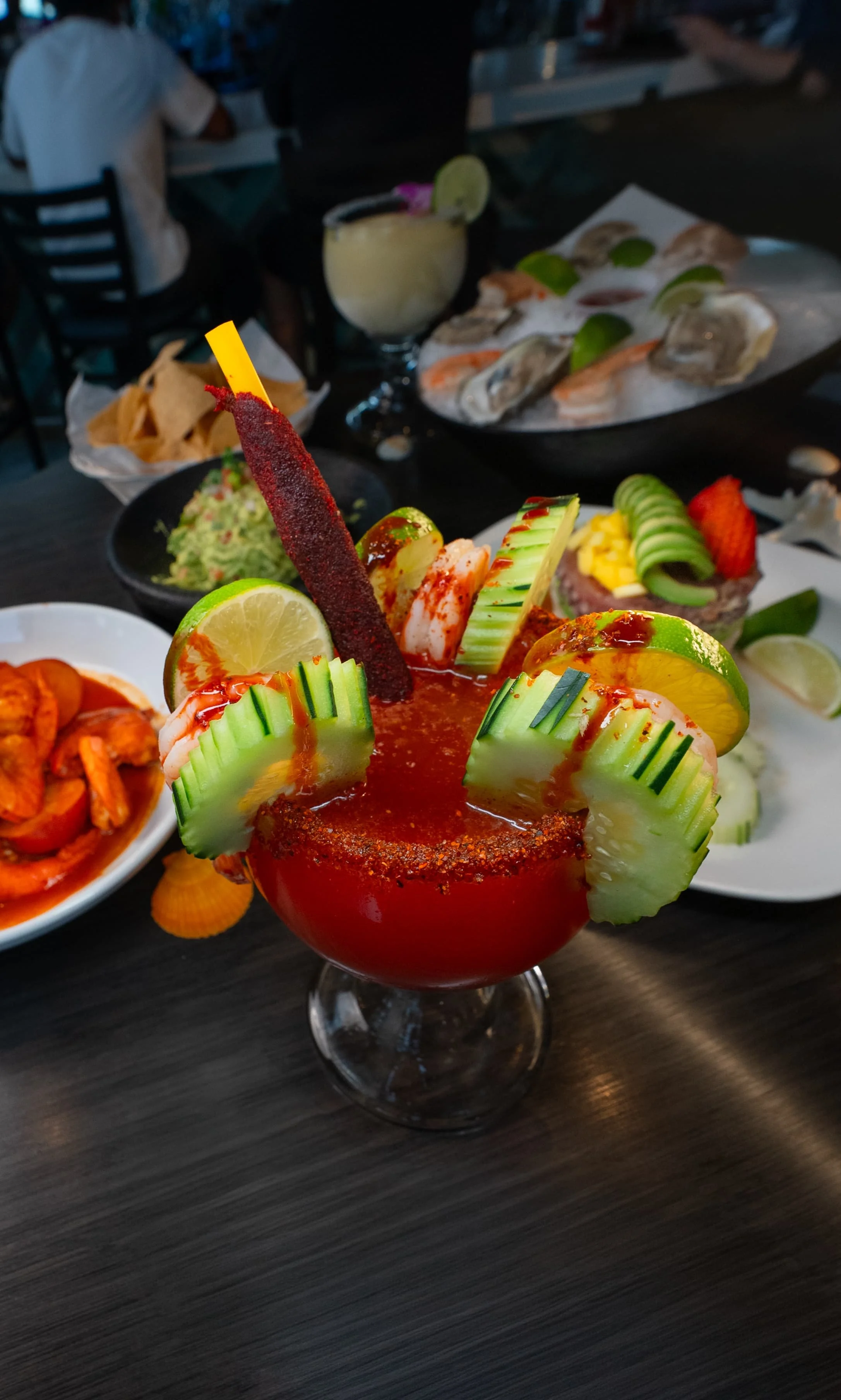 Authentic Mexican Michelada with shrimp served at El Muelle Seafood in Houston