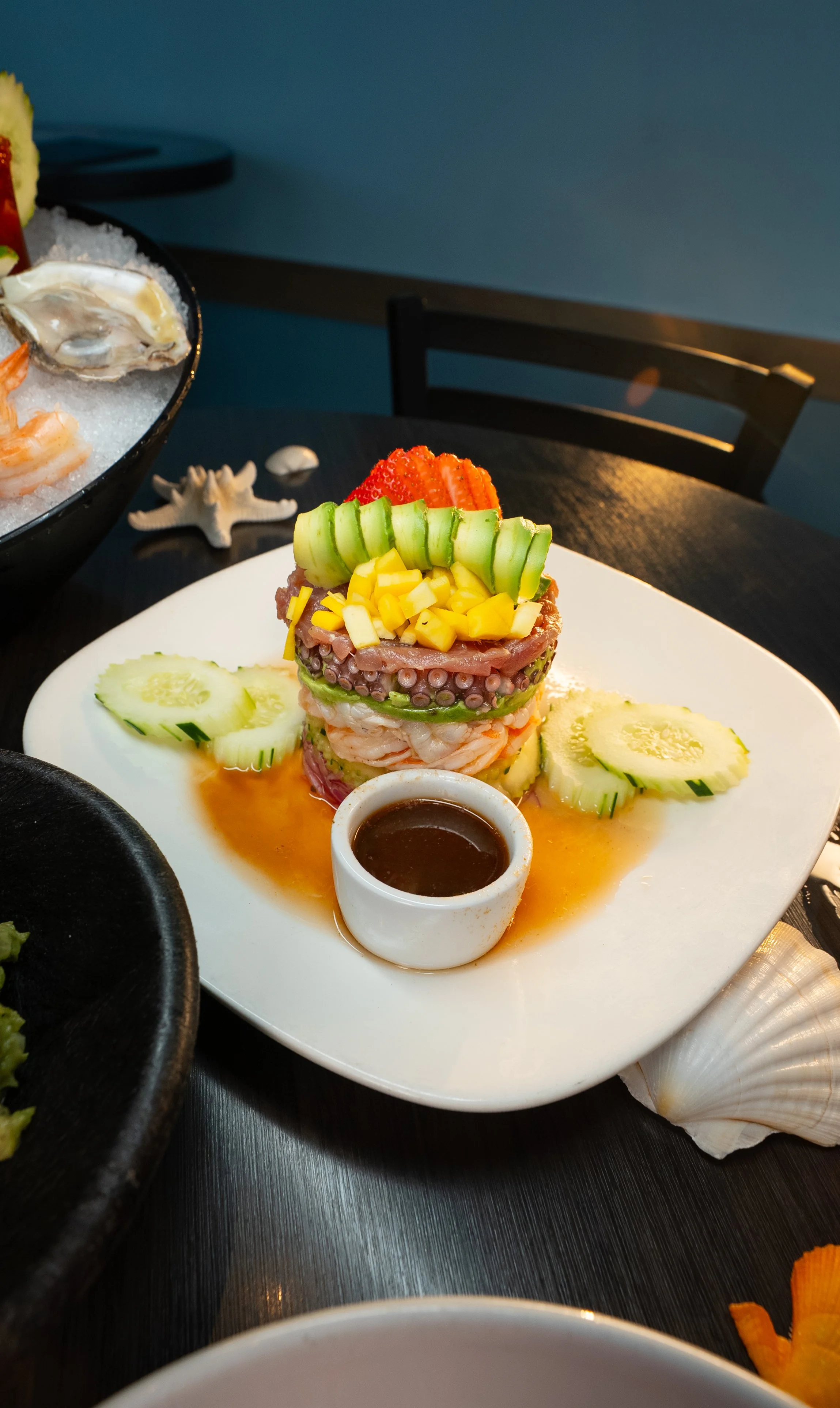 Mexican seafood tower with shrimp, octopus, avocado and mango at El Muelle Seafood in Houston