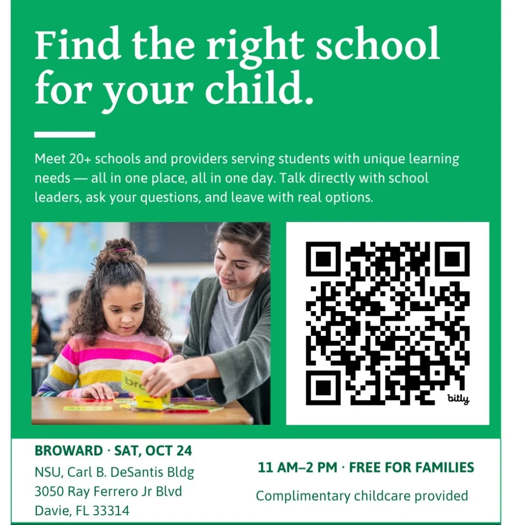 Broward families, your search for the right educational support can begin in one room.

The Unique Abilities School Fair is coming to NSU on Saturday, October 24. Meet schools and resource providers that understand students who learn differently, ask