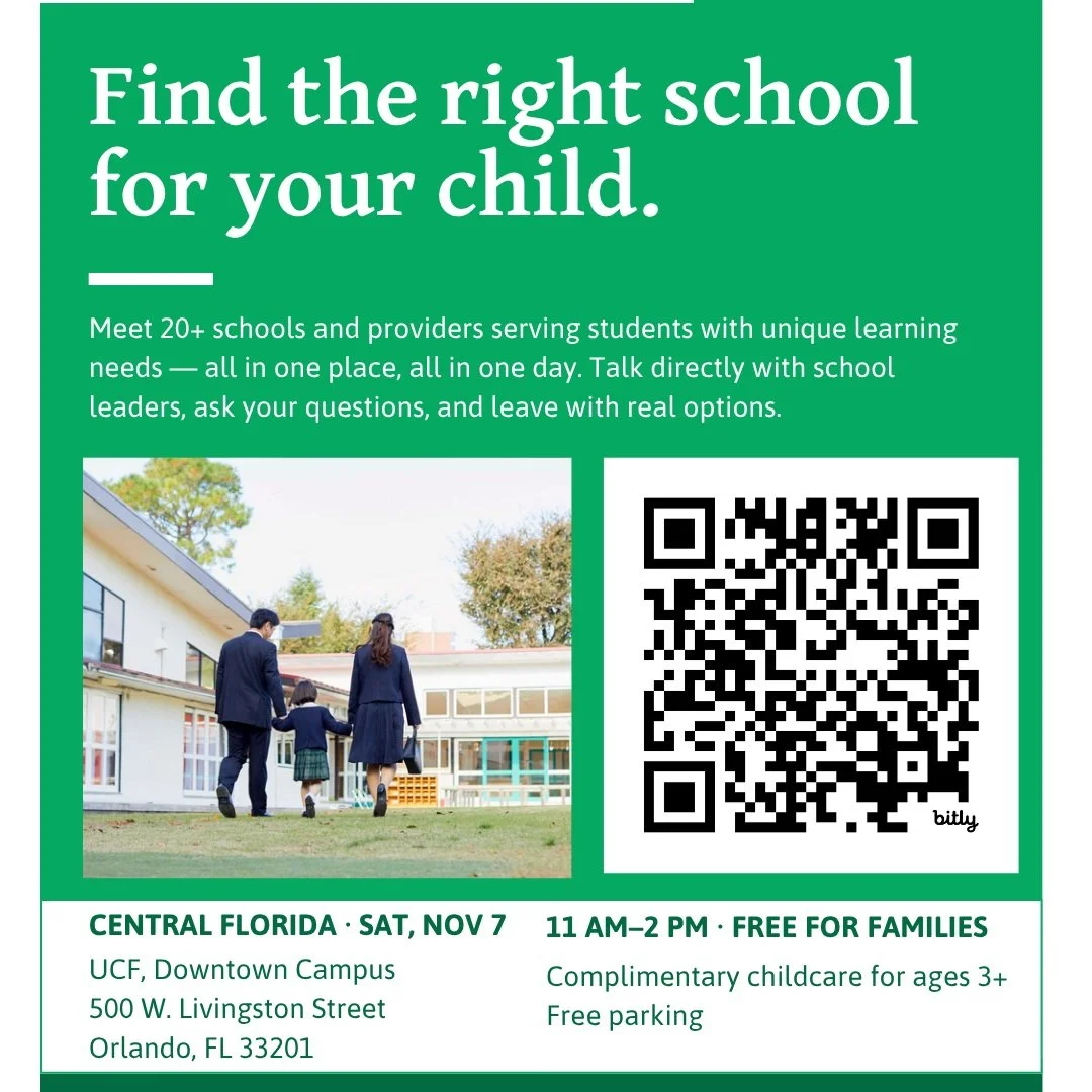 Join us Saturday, November 7, at UCF Downtown Campus for the Central Florida Unique Abilities School Fair!

Meet special education schools, explore personalized learning environments, and connect with organizations offering educational resources and 