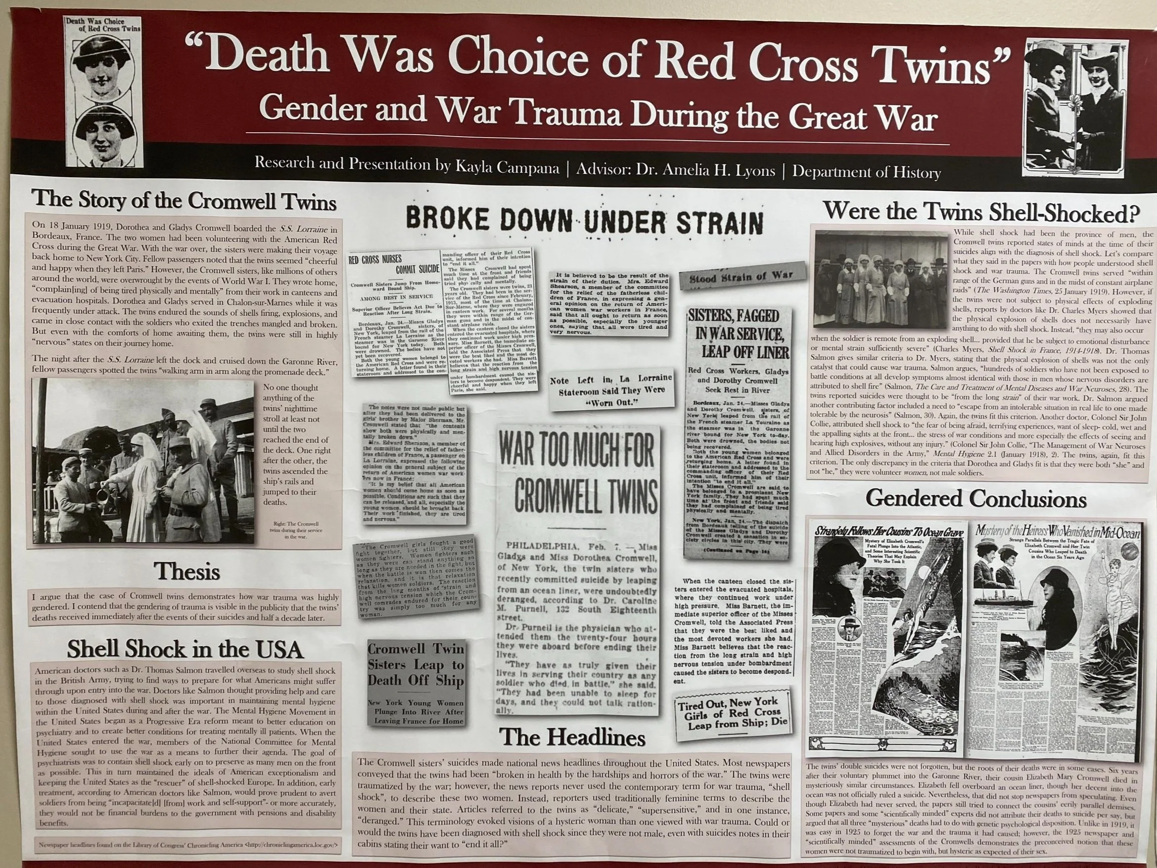 A detailed vintage-style newspaper or informational display board titled 'Death Was Choice of Red Cross Twins' with sections about the story of the Cromwell twins during World War I, including their shell shock and wartime trauma, and the impact of their story.