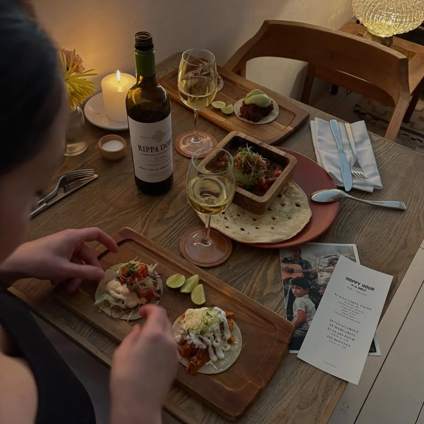 We want to be a part of your weekly routine without breaking the bank. Happy hour from 4-6 allows just that. 4 tacos, guacamole AND a bottle of wine for $45. In the bar and lounge!