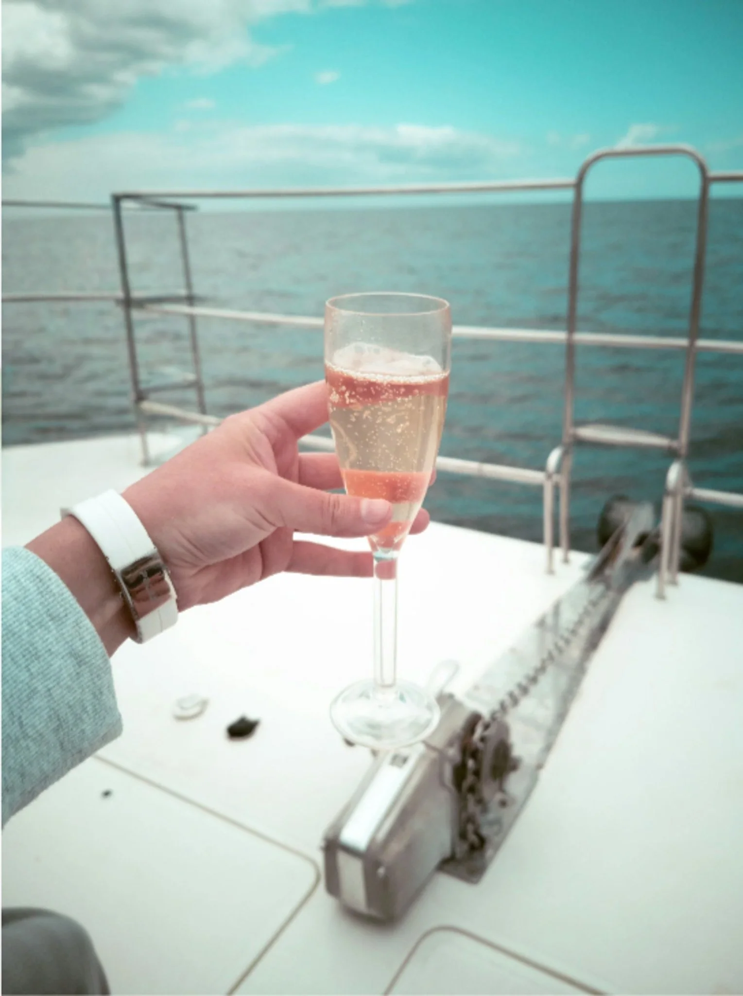 Hand holding glass of wine near railing of boat