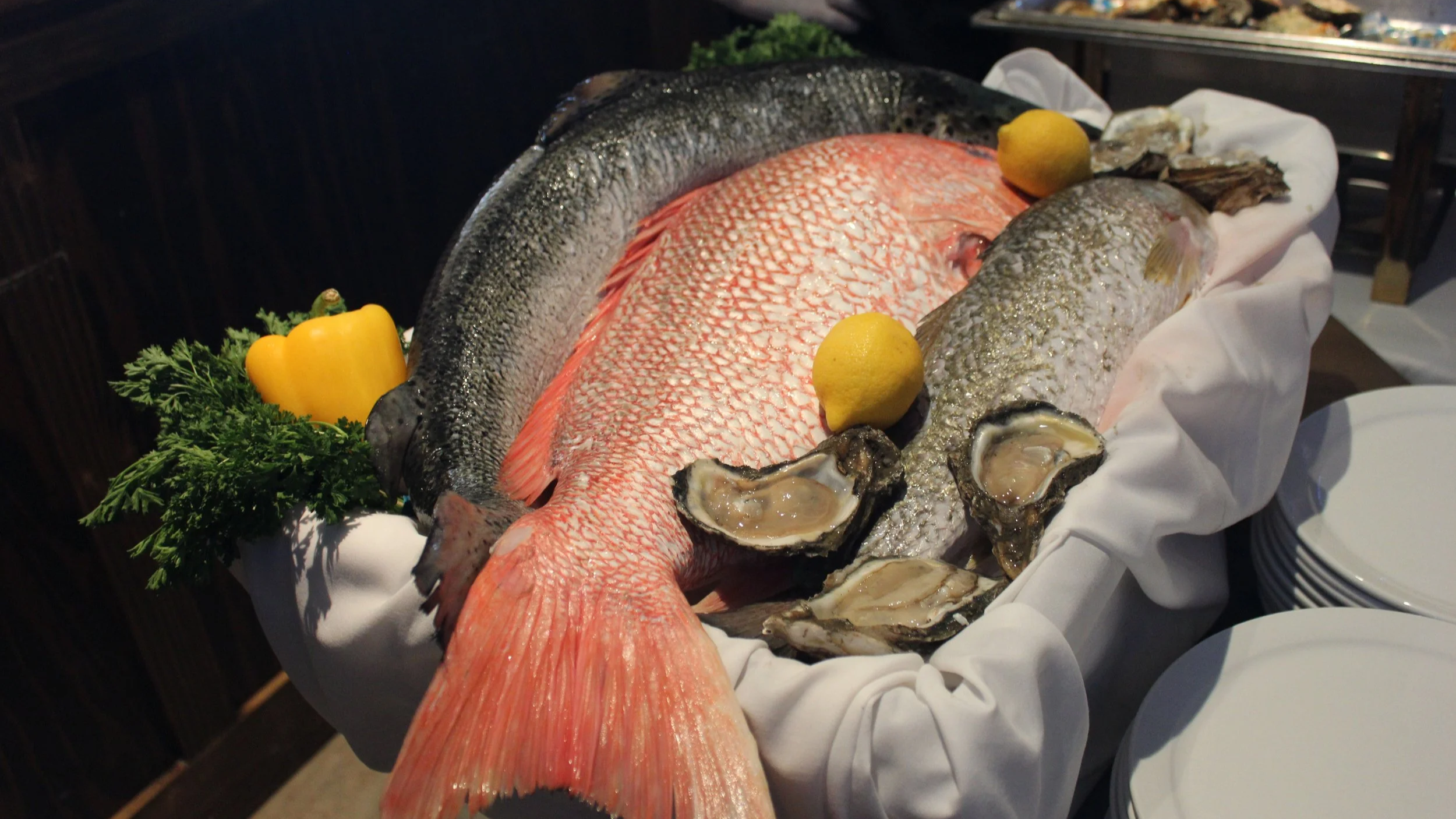 Red fish and silver fish with lemon slices and oysters on white cloth