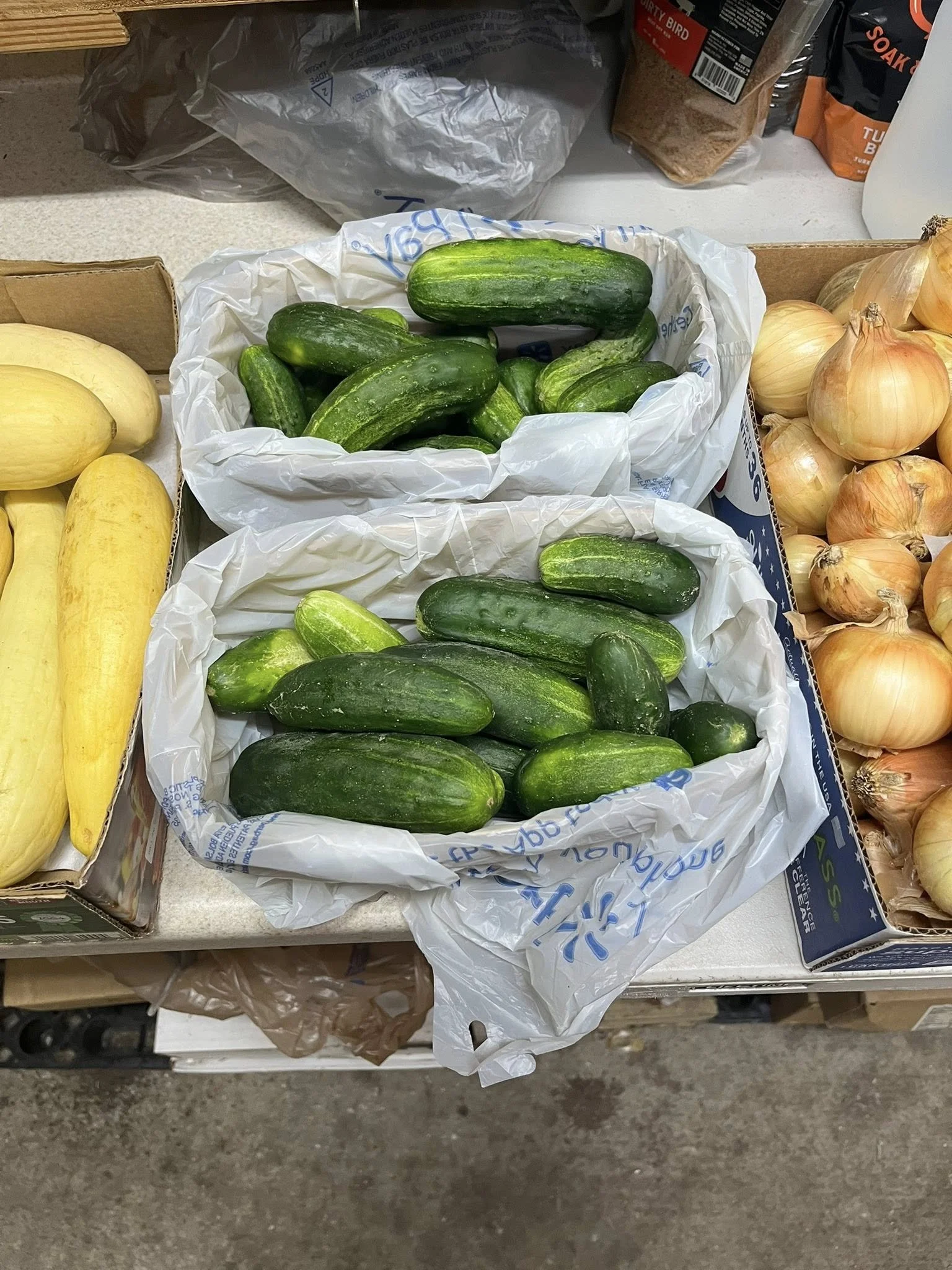 Bags of cucumbers in center with box of squash and box of onions on each side