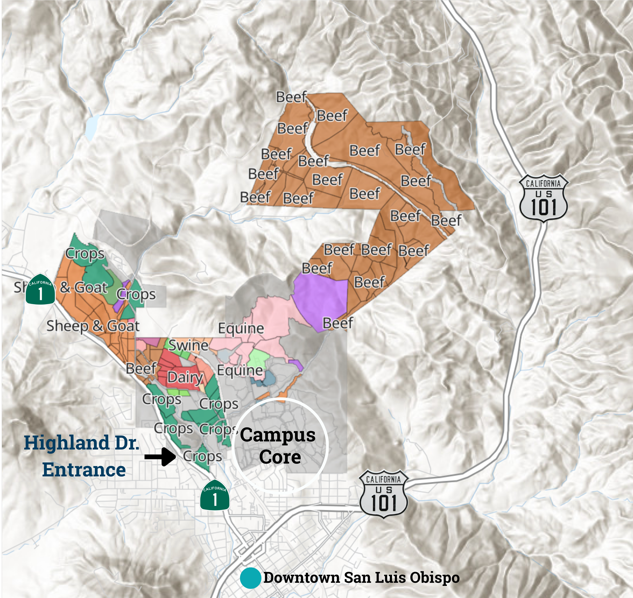 Modified map from Cal Poly Working Lands Mapping Project Documentation showing Cal Poly’s 280 acres of prime agricultural lands, with key crops and activities adjacent to the campus core and easy access for students.