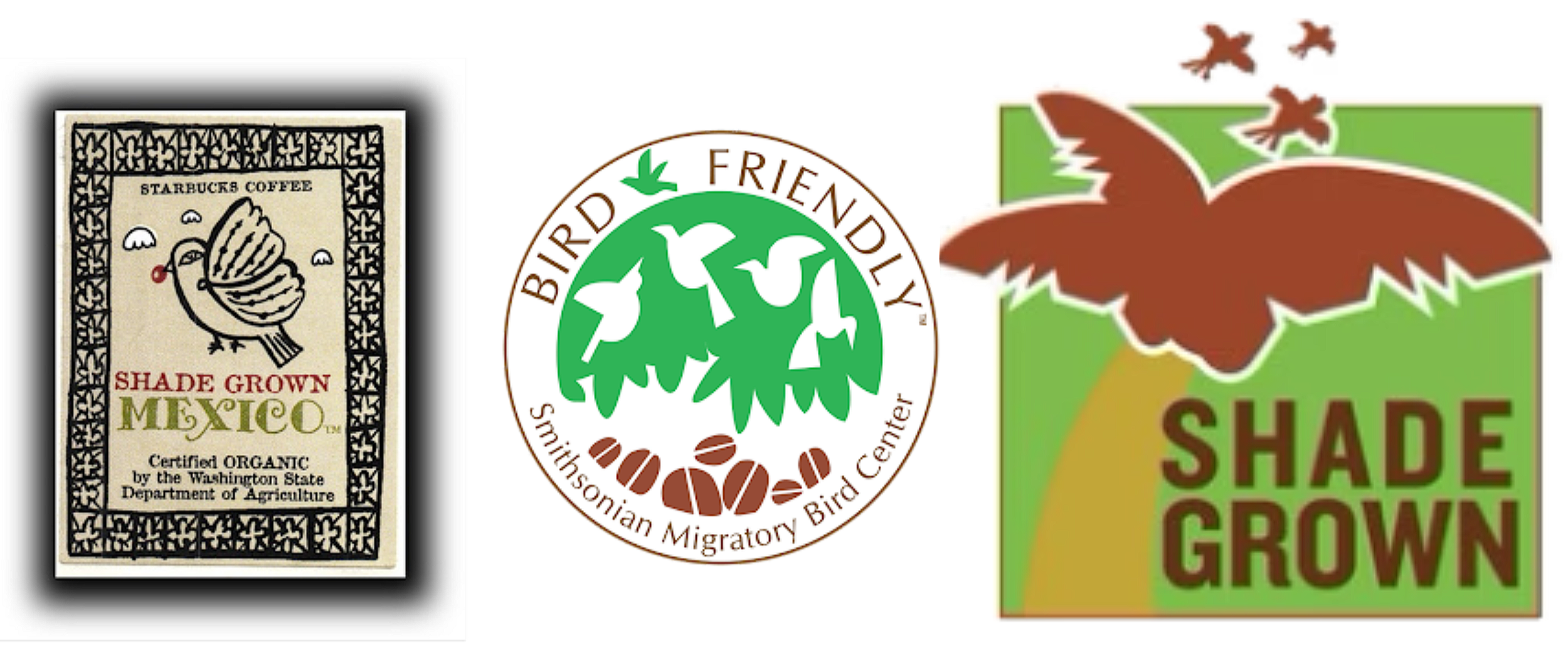 Coffee labels highlighting sustainable growing practices such as shade grown and bird friendly.