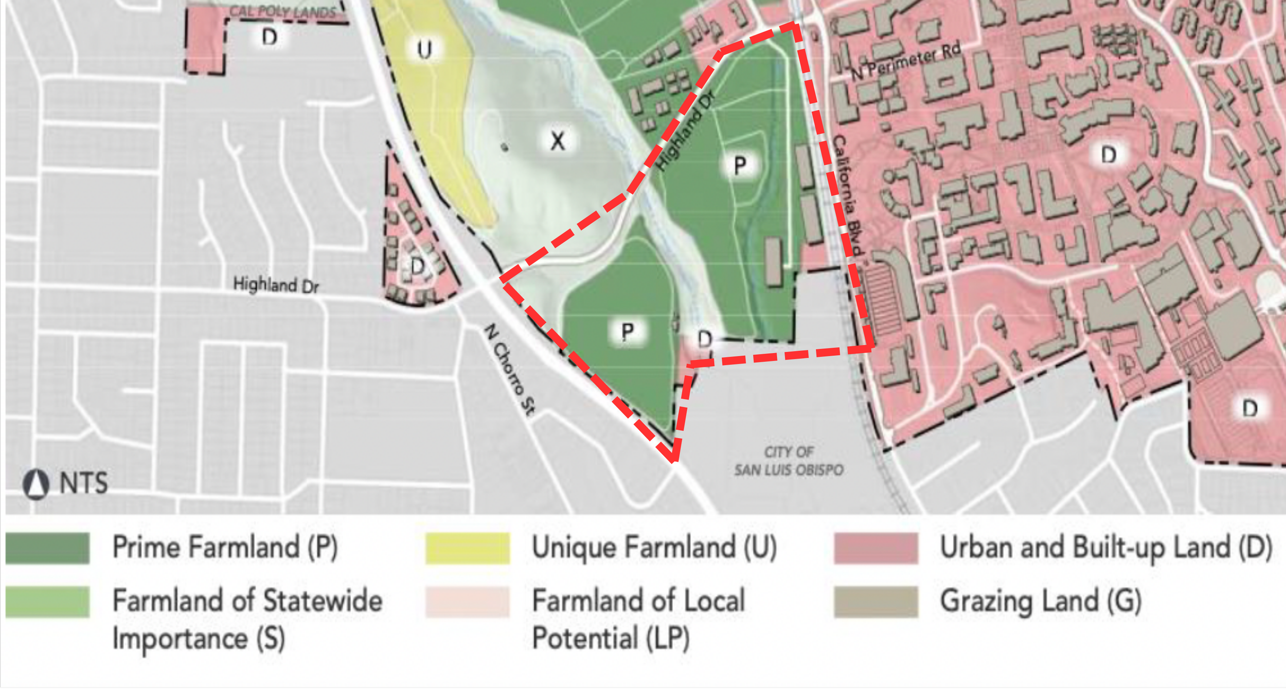 A map from Cal Poly’s Master Plan 2035.  The added red dotted line outlines the Prime farmland that the Cal Poly administration is proposing to lease for urban development.