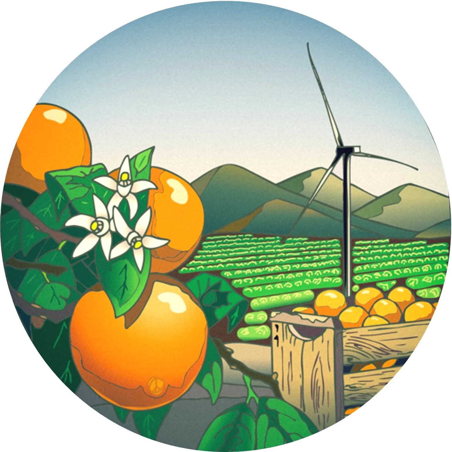 Agriculture - an original design depicting an agriculture field in California wiht mountains, a windmill and citrus.