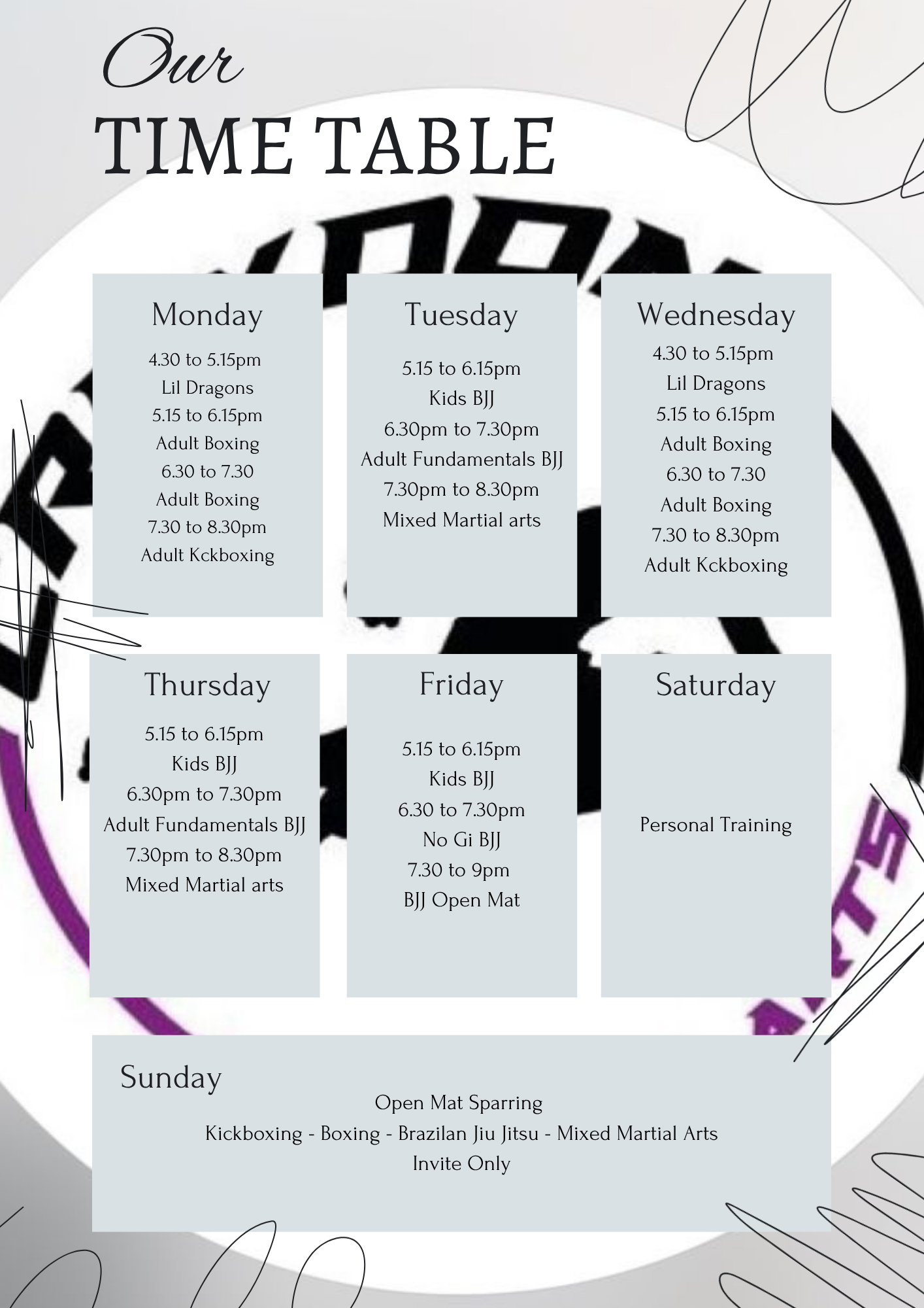 Weekly martial arts and fitness class schedule with days, times, and class types for Monday through Sunday, including options like Kids BJJ, Adult Boxing, Mixed Martial Arts, and an Open Mat Sparring session on Sunday.