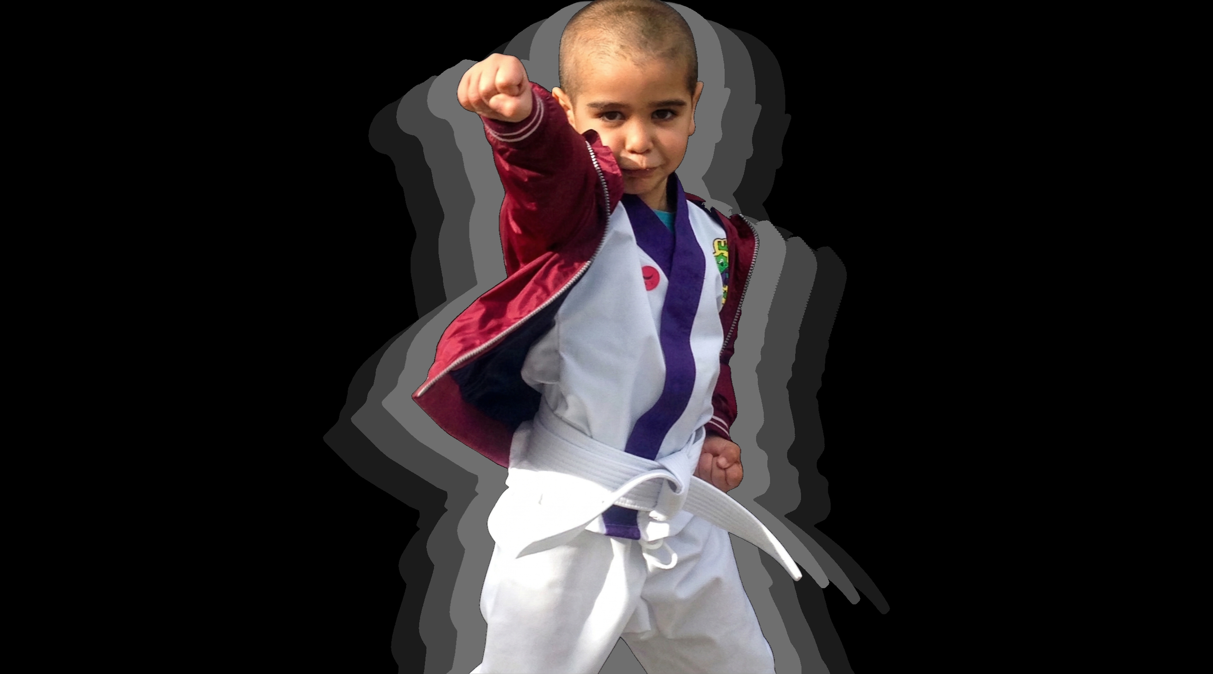 Child in a martial arts uniform with a white belt, performing a martial arts stance with a fist extended forward.
