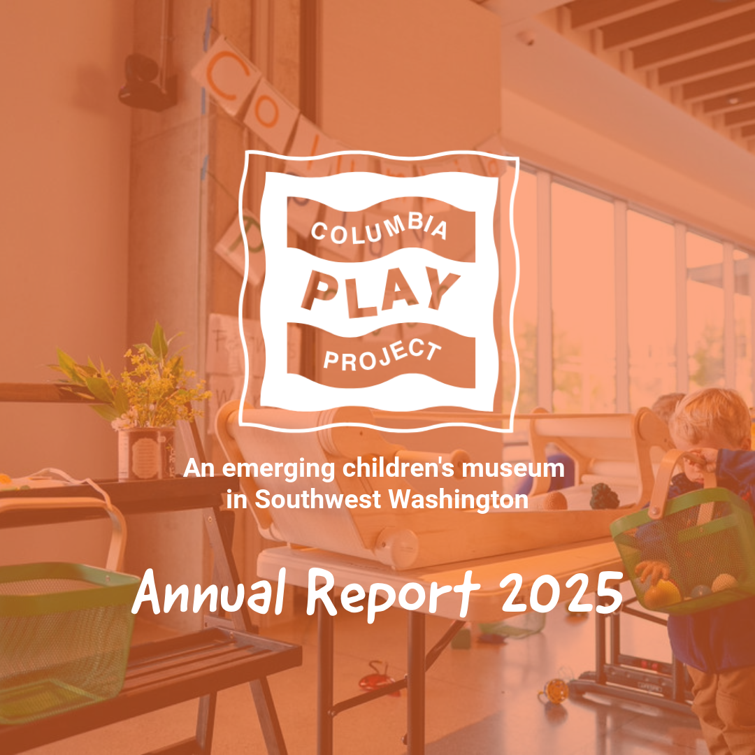 Cover page of Columbia Play Project's 2025 annual report, featuring children playing in a colorful indoor children's museum with play areas and bright sunlight.