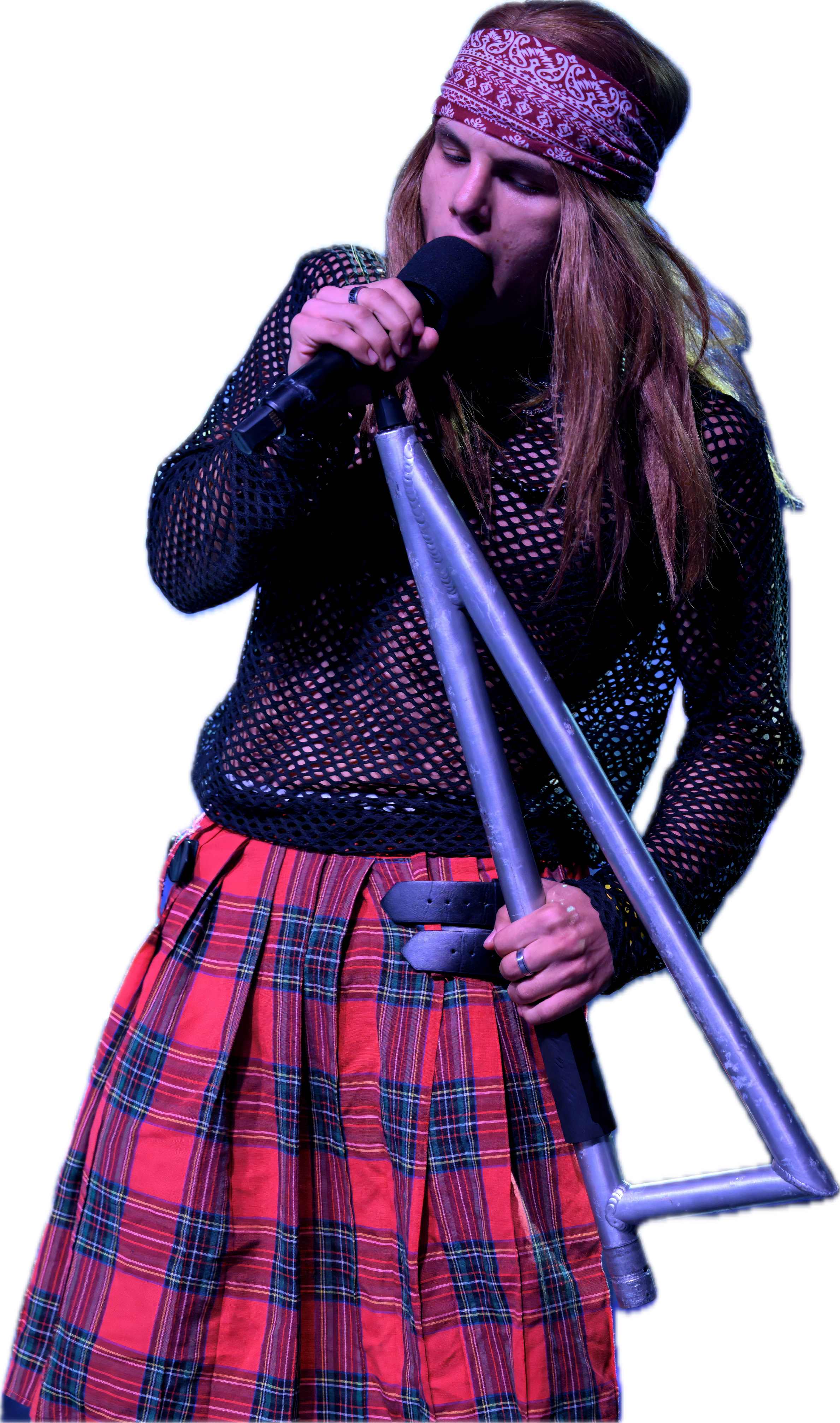 Shotguns Axl Rose singing into his custom mic stand