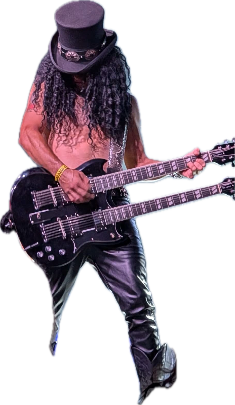 Shotguns Slash playing his double neck Gibson guitar EDS1275