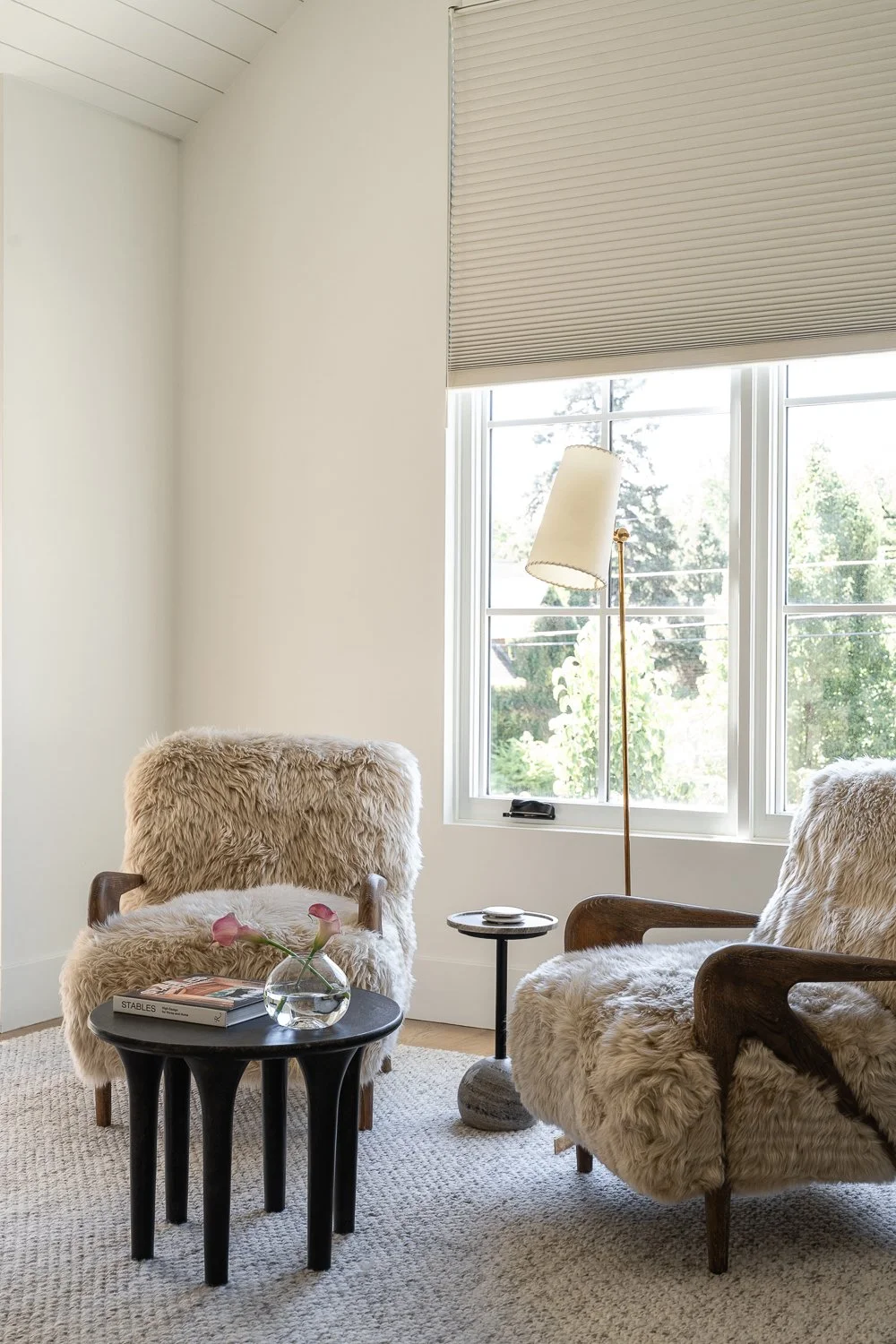 Studio Thomas Denver bespoke interior design no 035 furry accent chairs modern black side table gold floor lamp