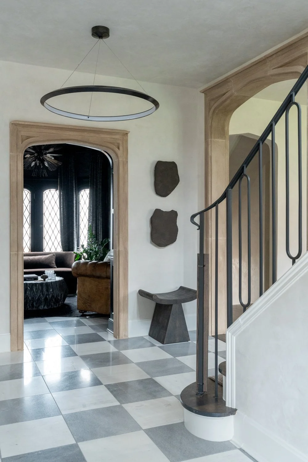 Studio Thomas timeless bespoke interior architecture no 026 entryway staircase custom artwork checkered flooring
