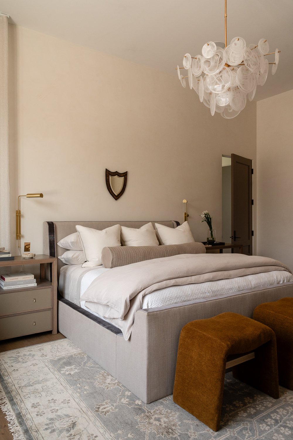 Embark the art of meaningful living at home with no 022 master bedroom custom bed frame modern light fixture mustard curved stools