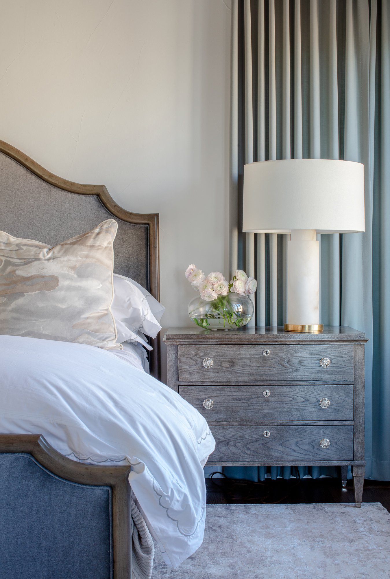 Studio Thomas no 011 master bedroom custom upholstered blue bed frame  custom pillows side table details