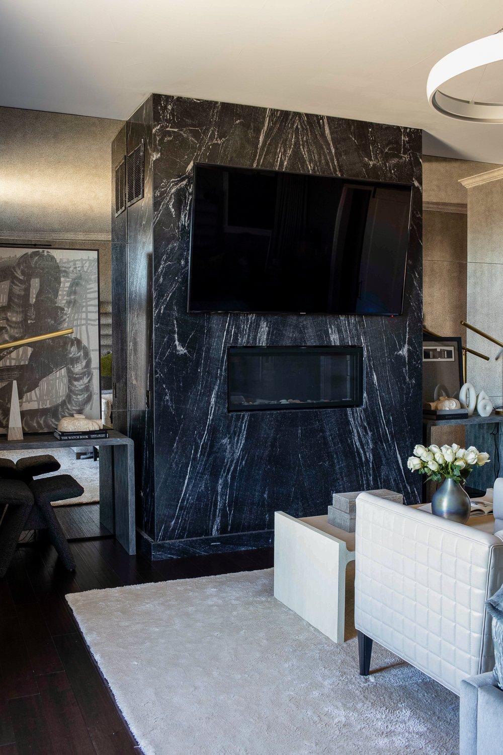 Studio Thomas colorado bespoke interior architecture master bedroom custom stone fireplace and surround