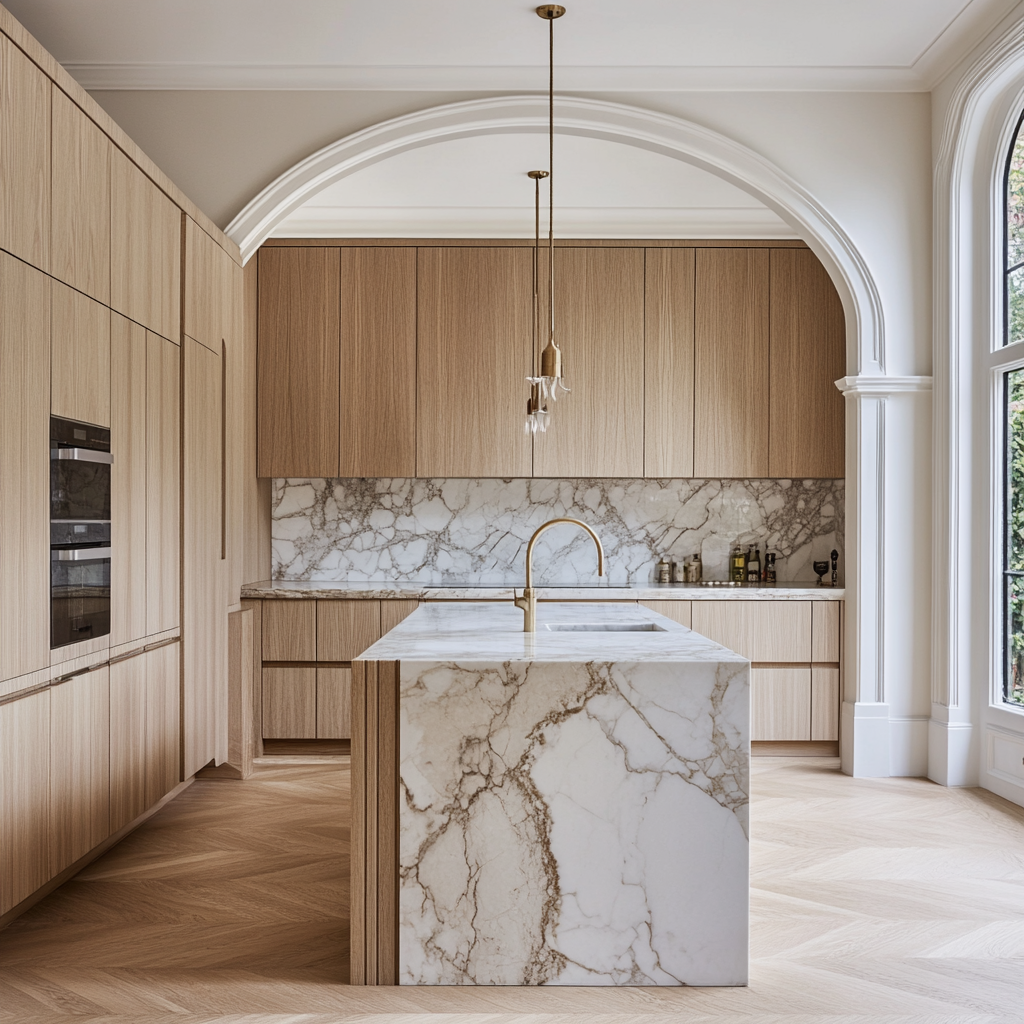 a white marble kitchen island with oak cupboards