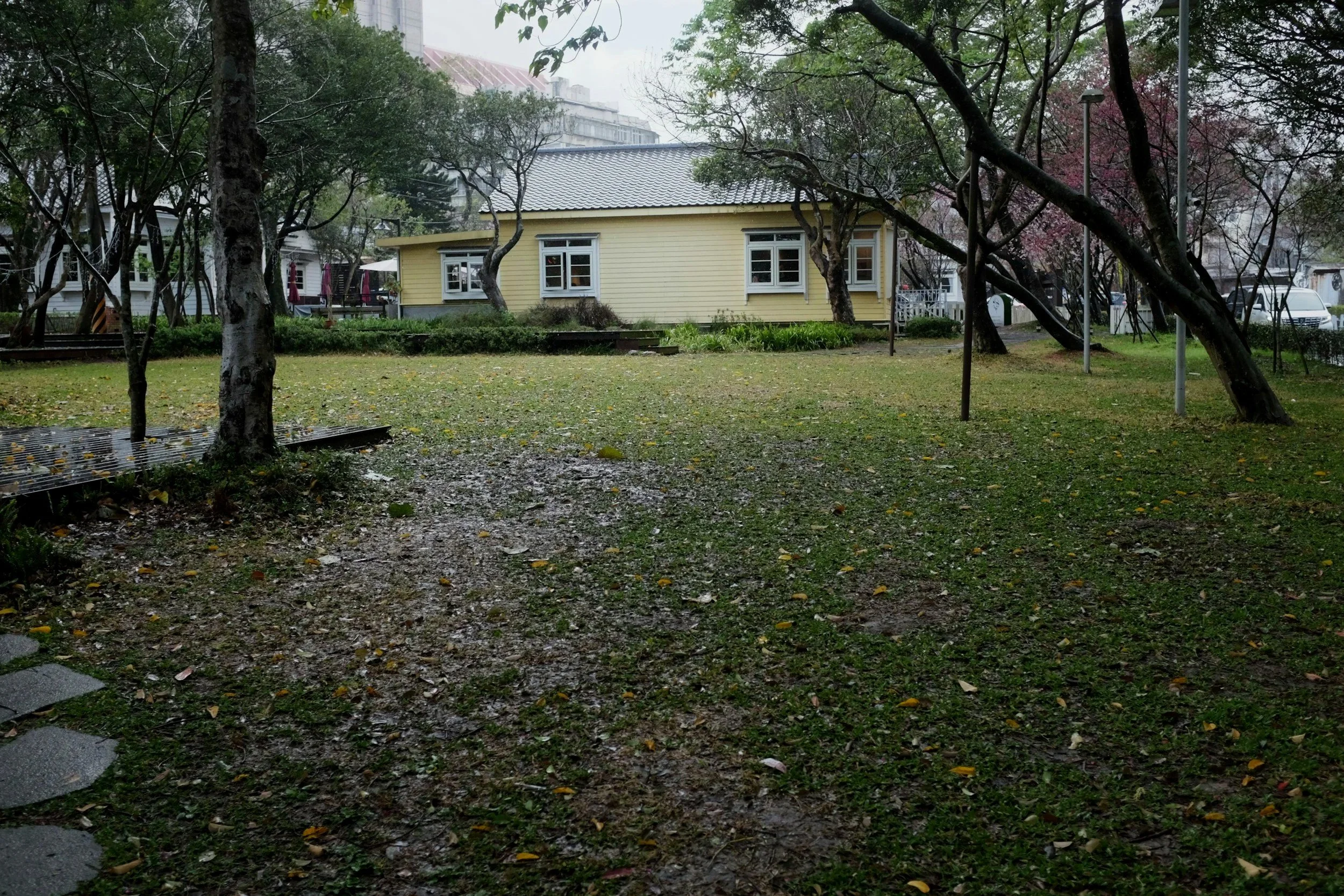 A quaint yellow house with white-framed windows and a blue roof is seen in a park-like setting with trees and a grassy area, on a cloudy day.